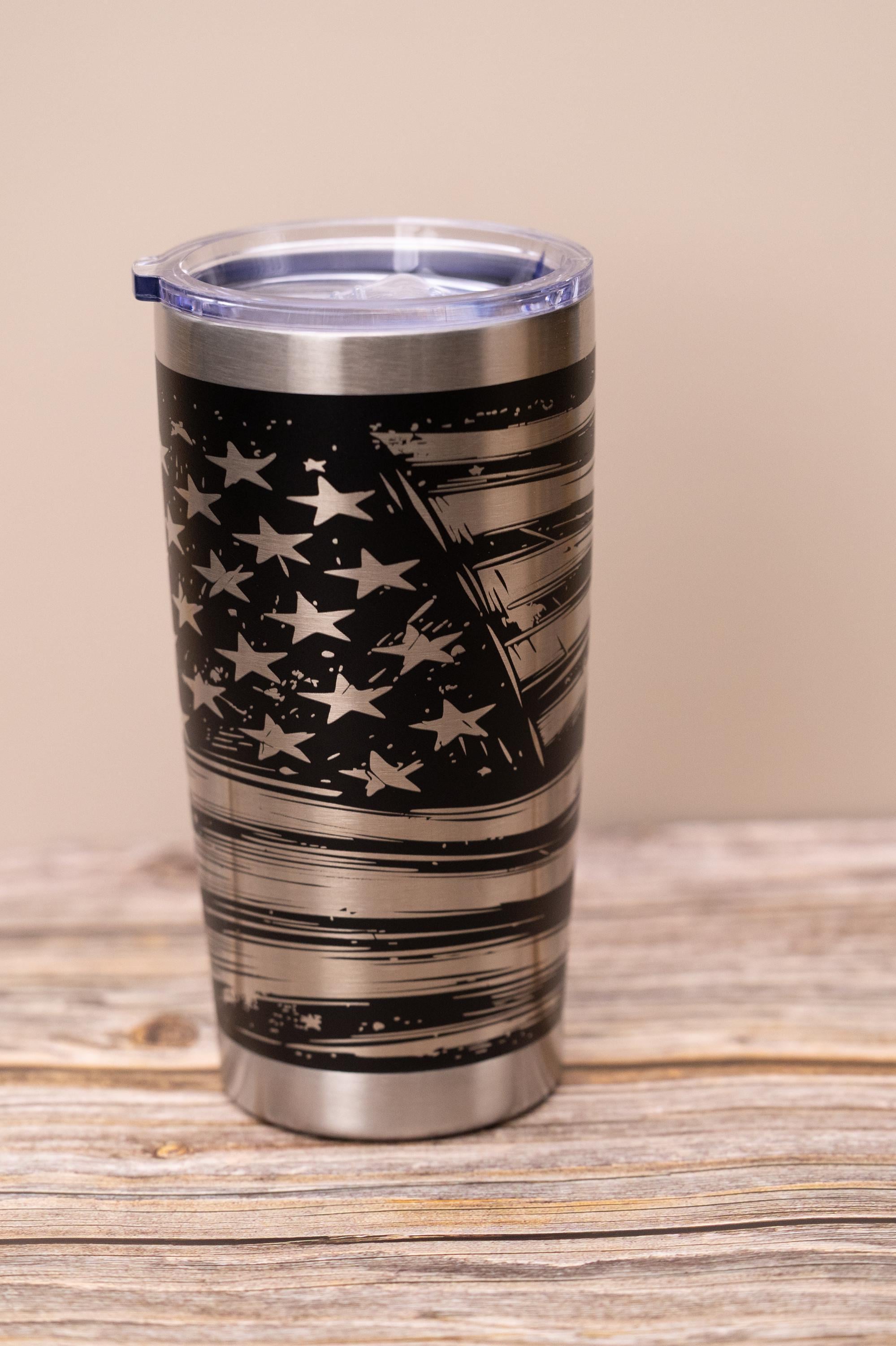 Laser engraved flag wrap tumbler: patriotic stainless steel 20oz travel mug