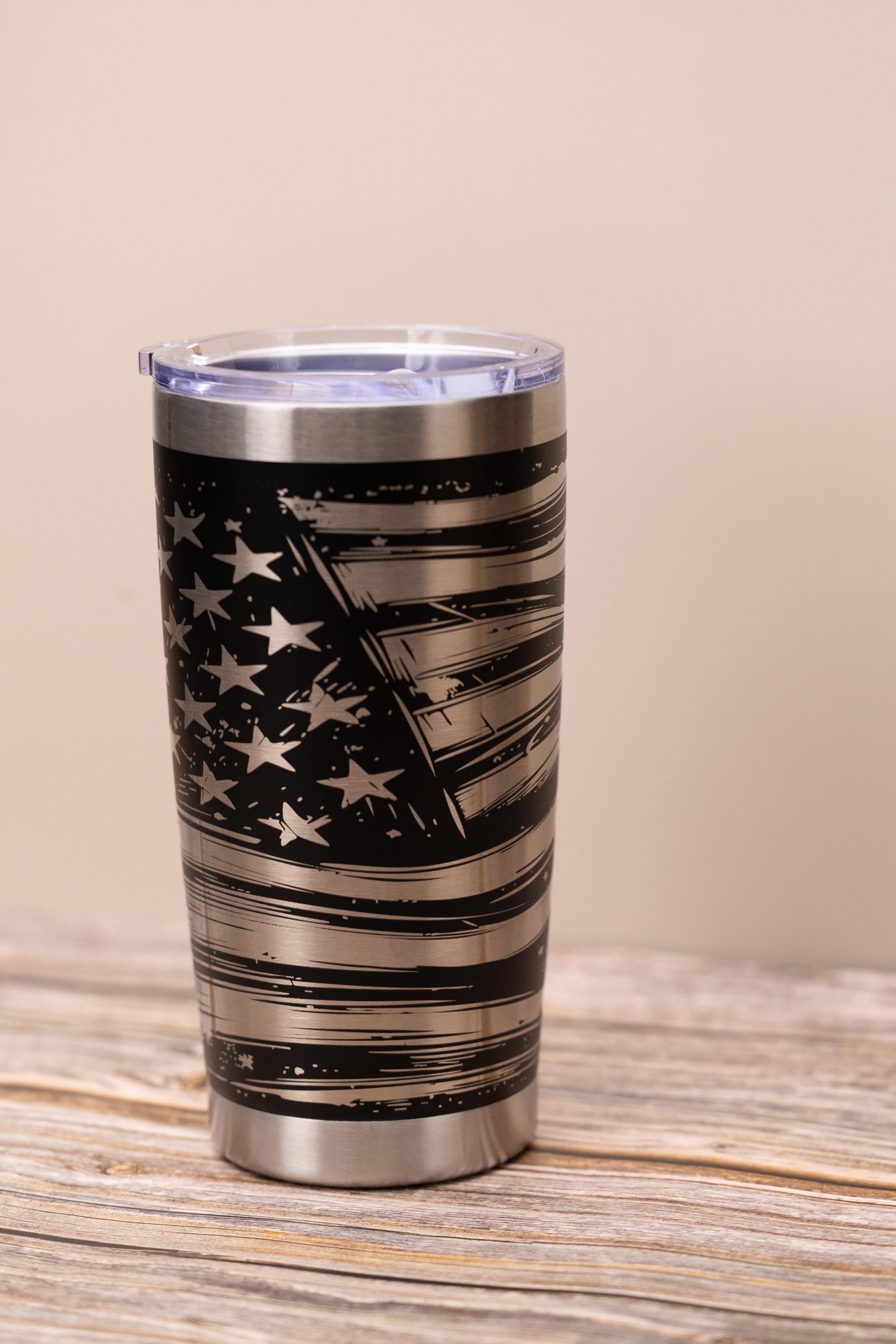 Laser engraved flag wrap tumbler: patriotic stainless steel 20oz travel mug