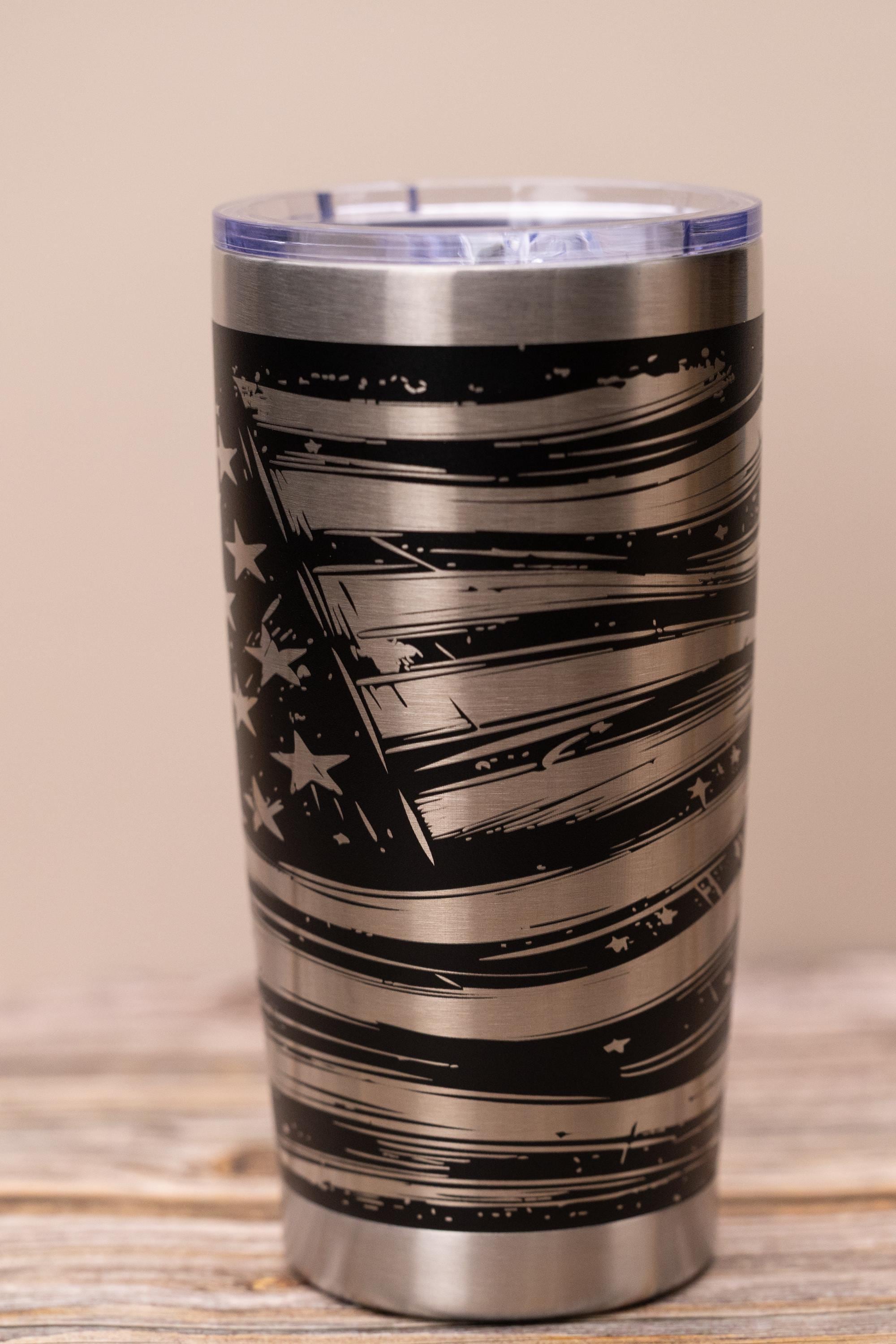 Laser engraved flag wrap tumbler: patriotic stainless steel 20oz travel mug
