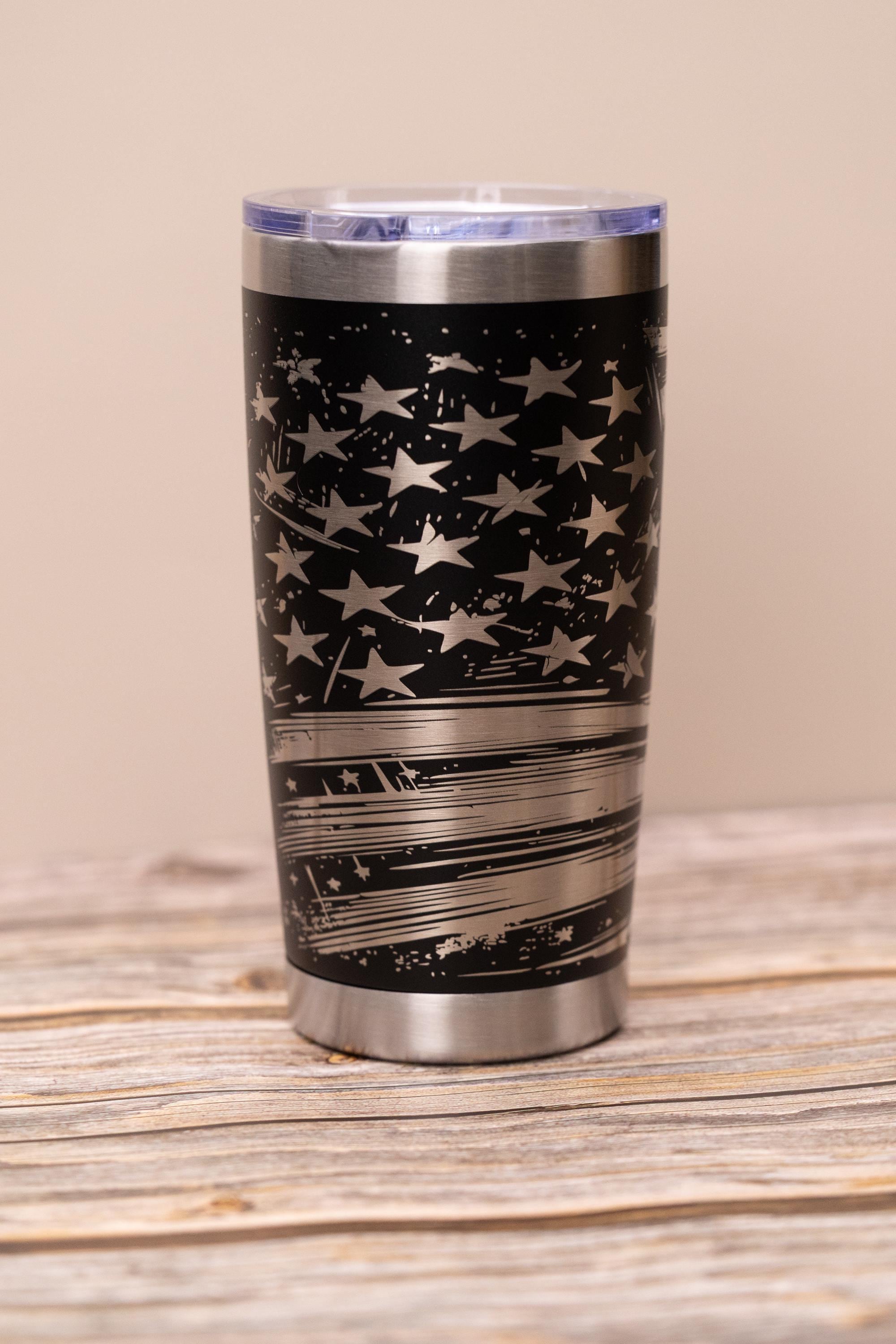 Laser engraved flag wrap tumbler: patriotic stainless steel 20oz travel mug