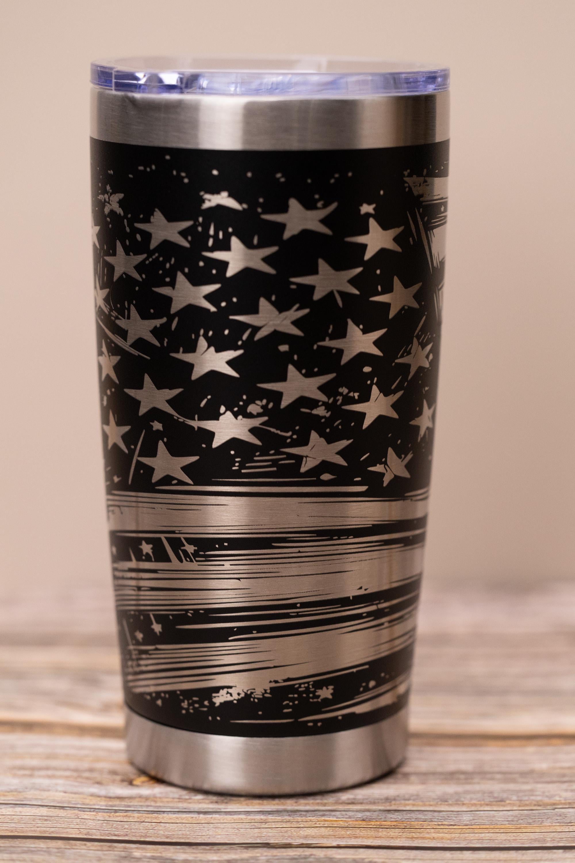 Laser engraved flag wrap tumbler: patriotic stainless steel 20oz travel mug