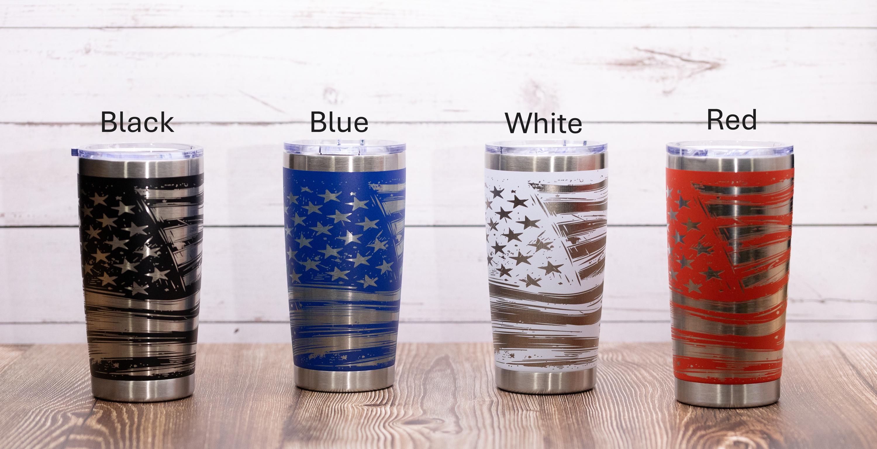 Laser engraved flag wrap tumbler: patriotic stainless steel 20oz travel mug