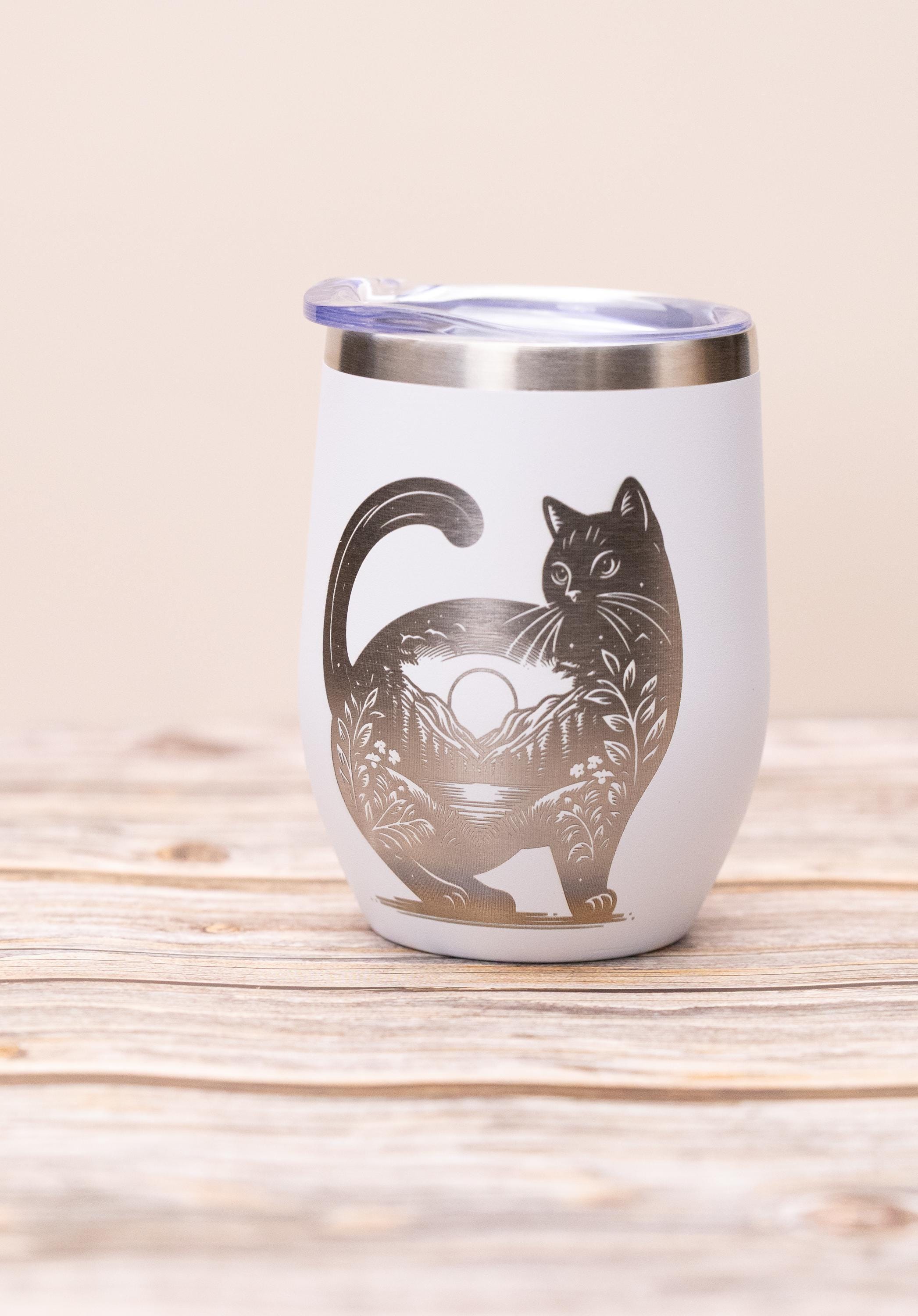 Cat wine tumbler: laser engraved stainless steel cup with lid
