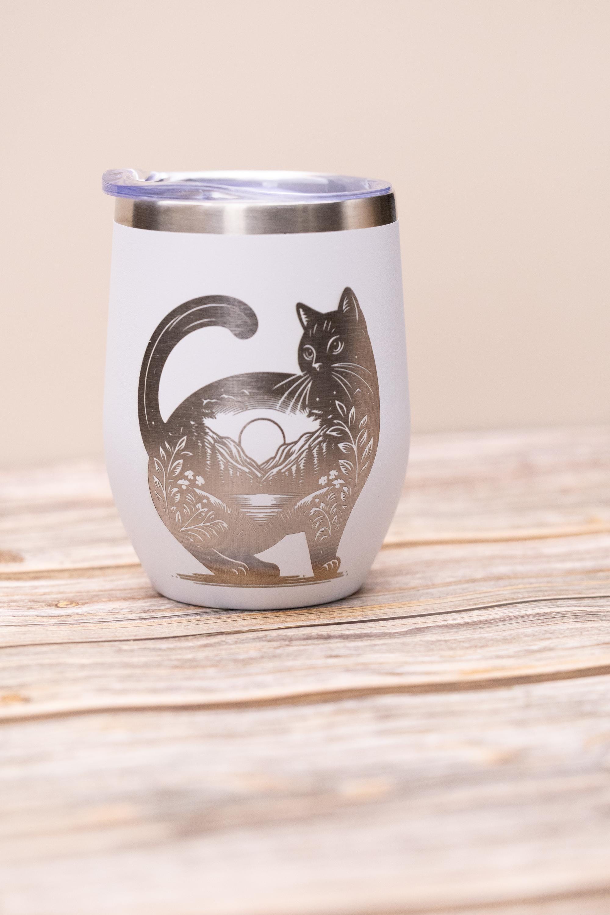 Cat wine tumbler: laser engraved stainless steel cup with lid