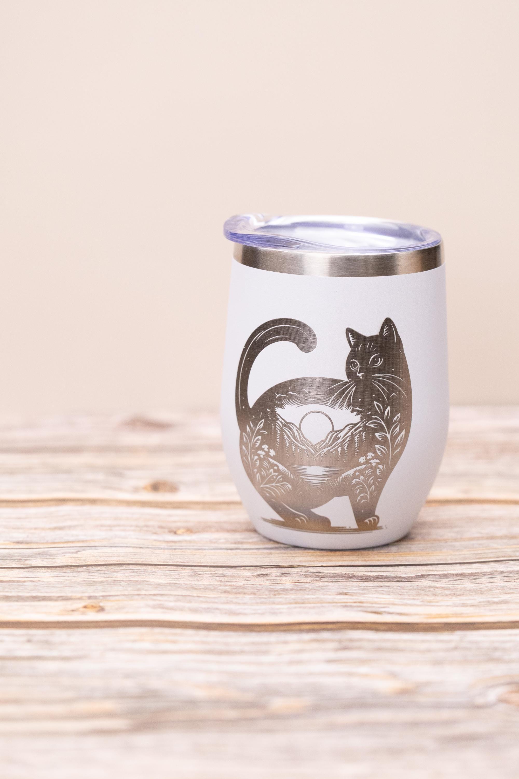 Cat wine tumbler: laser engraved stainless steel cup with lid