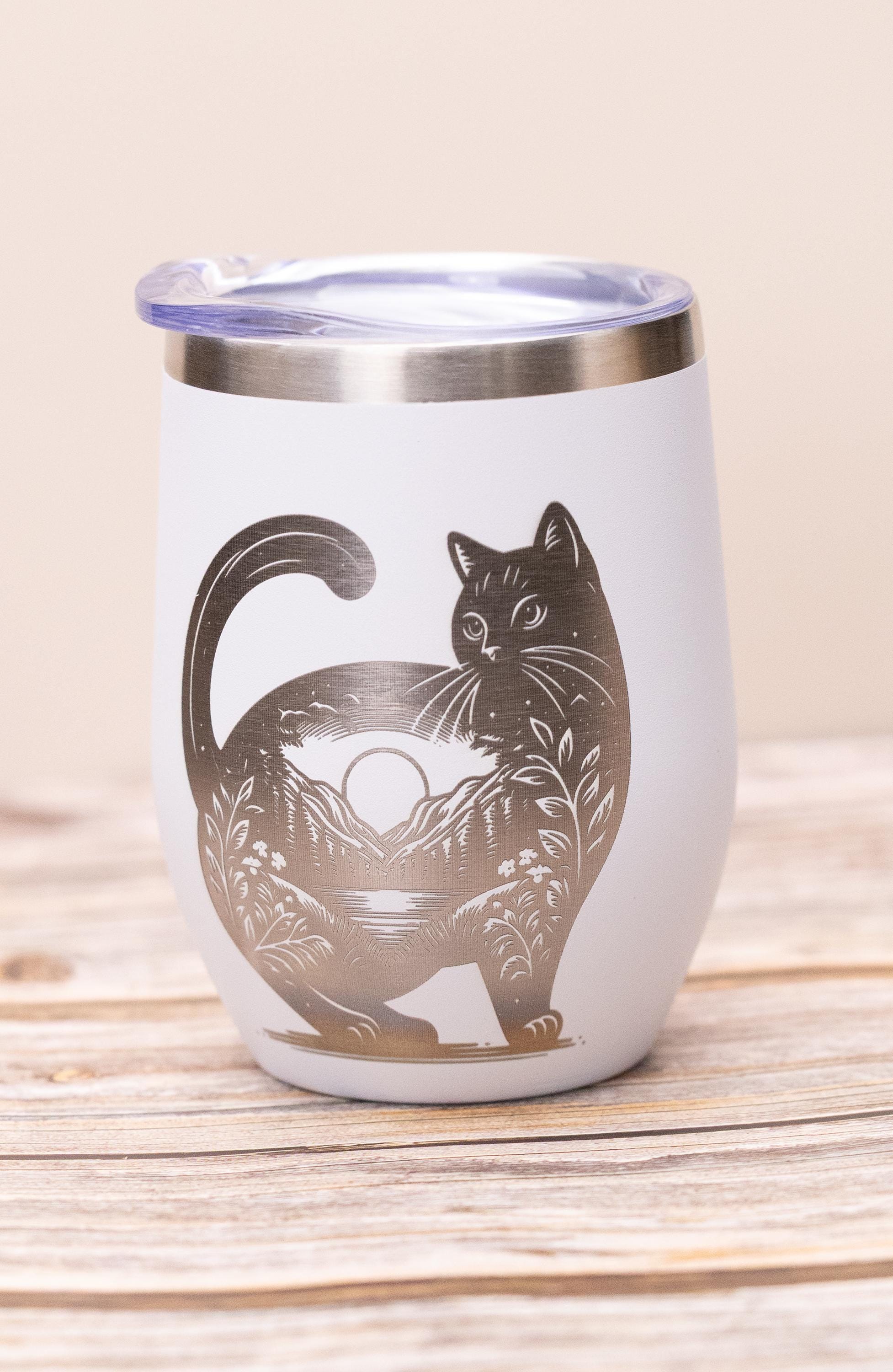 Cat wine tumbler: laser engraved stainless steel cup with lid