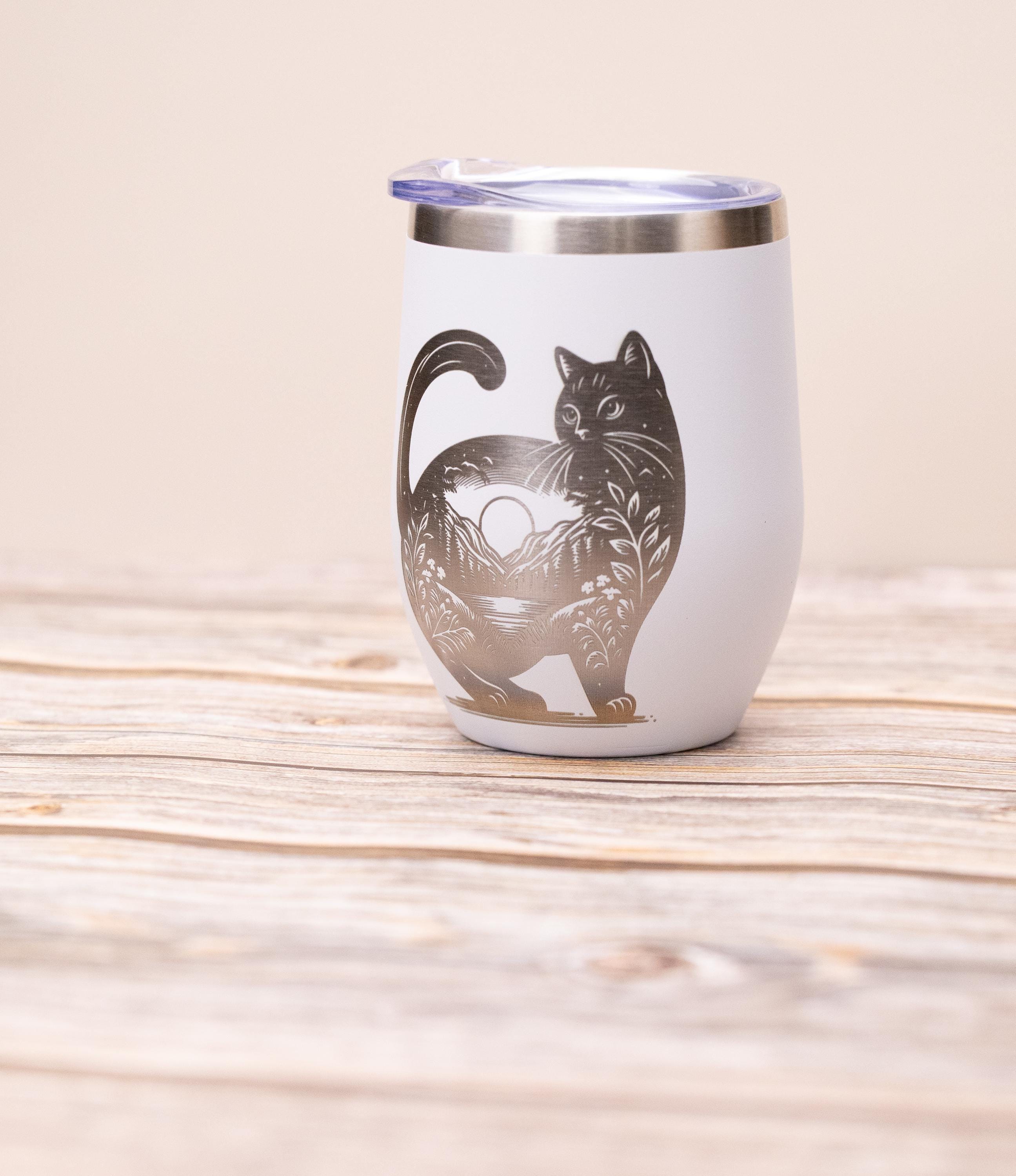 Cat wine tumbler: laser engraved stainless steel cup with lid