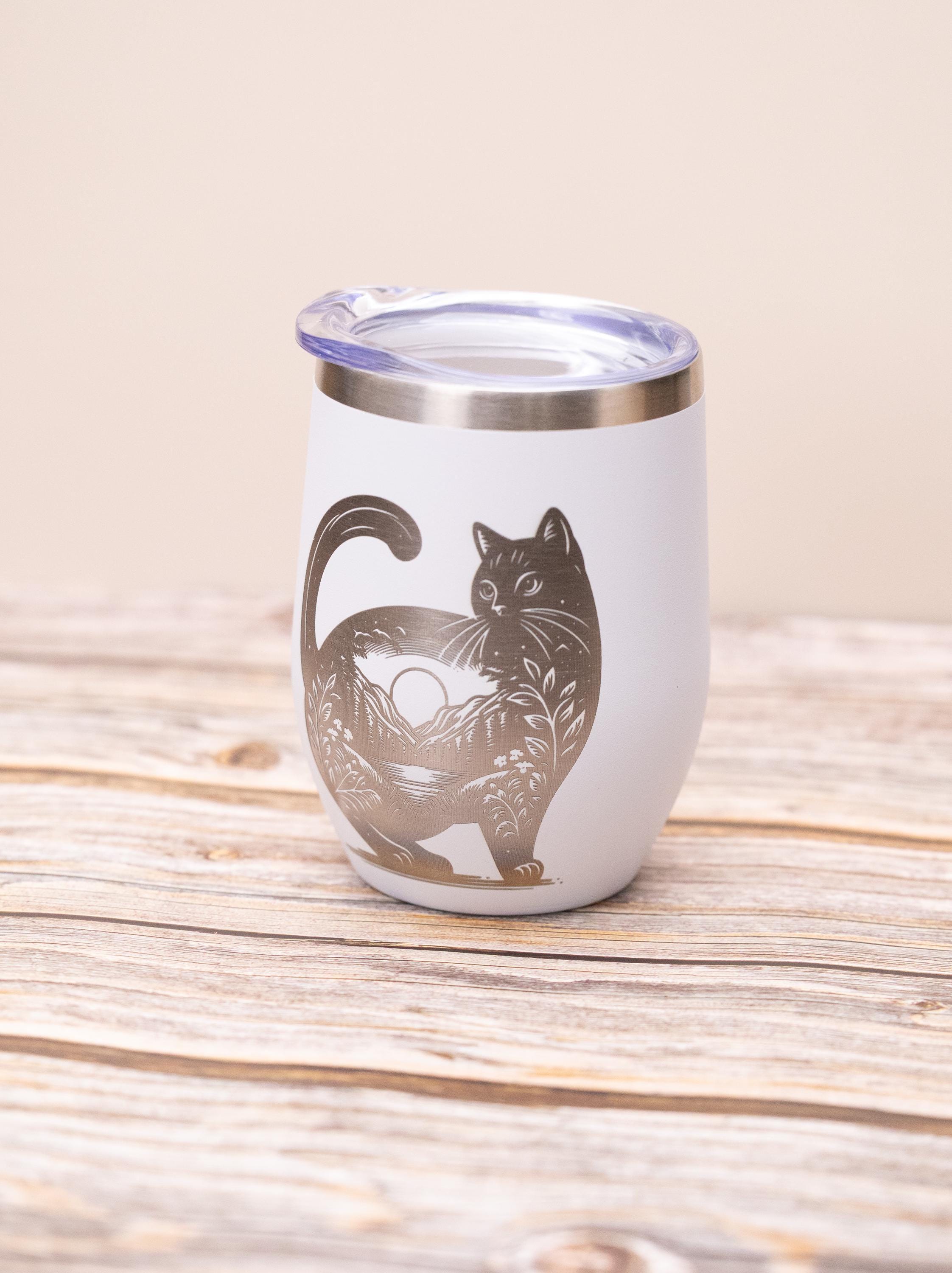 Cat wine tumbler: laser engraved stainless steel cup with lid