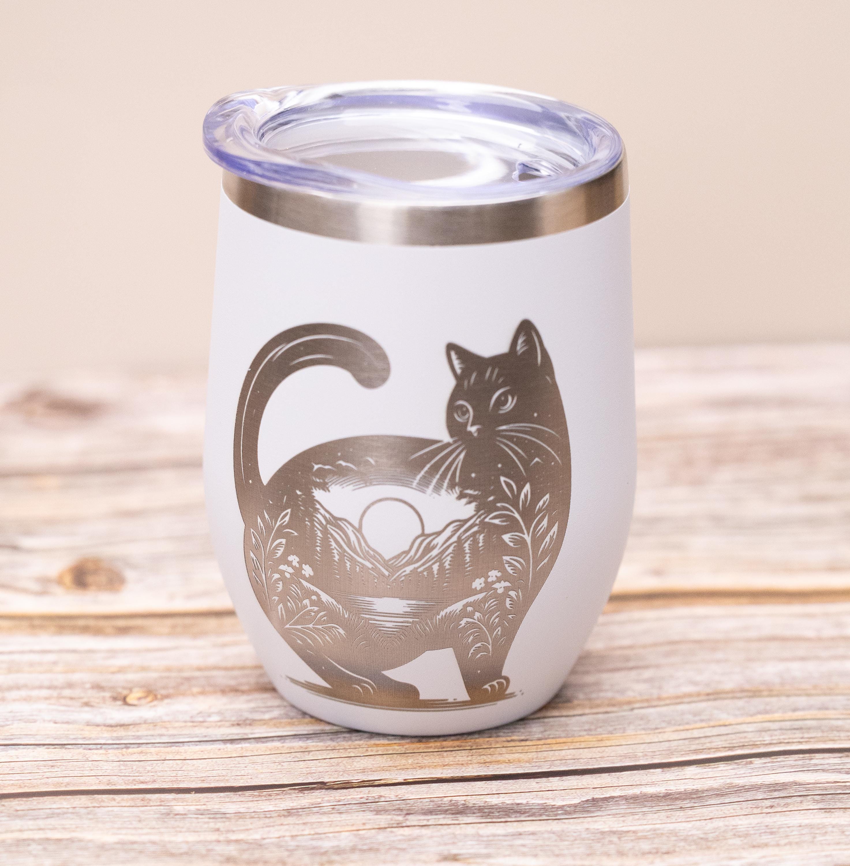 Cat wine tumbler: laser engraved stainless steel cup with lid