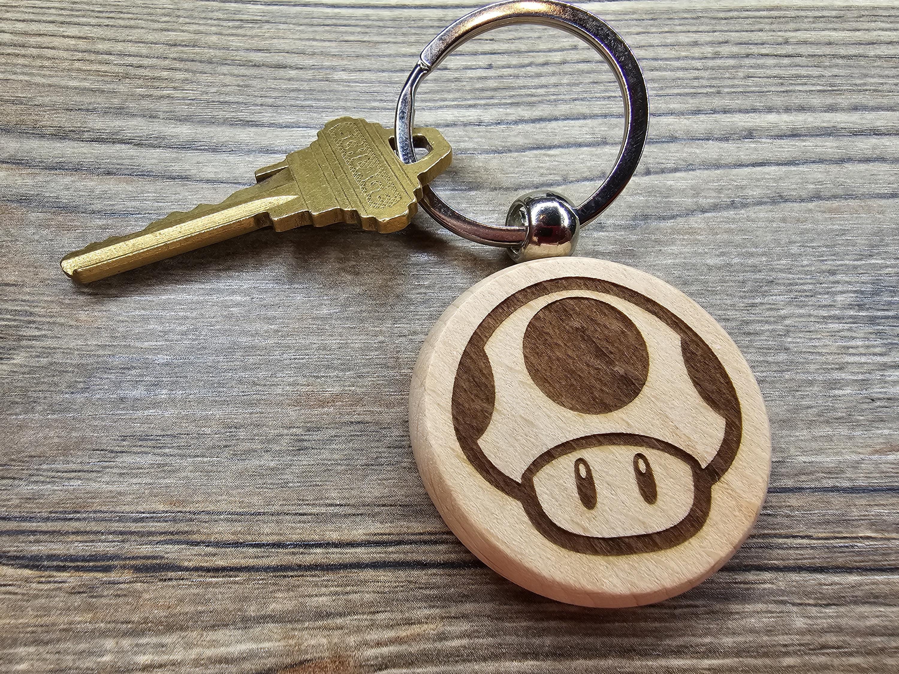 Mario mushroom keychain / bag charm: laser engraved hardwood, stainless steel keyring