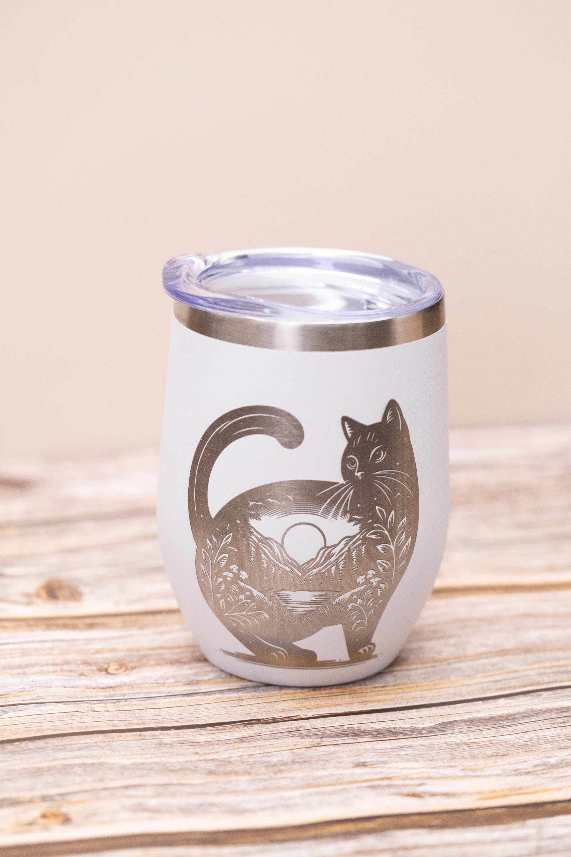 Cat wine tumbler: laser engraved stainless steel cup with lid