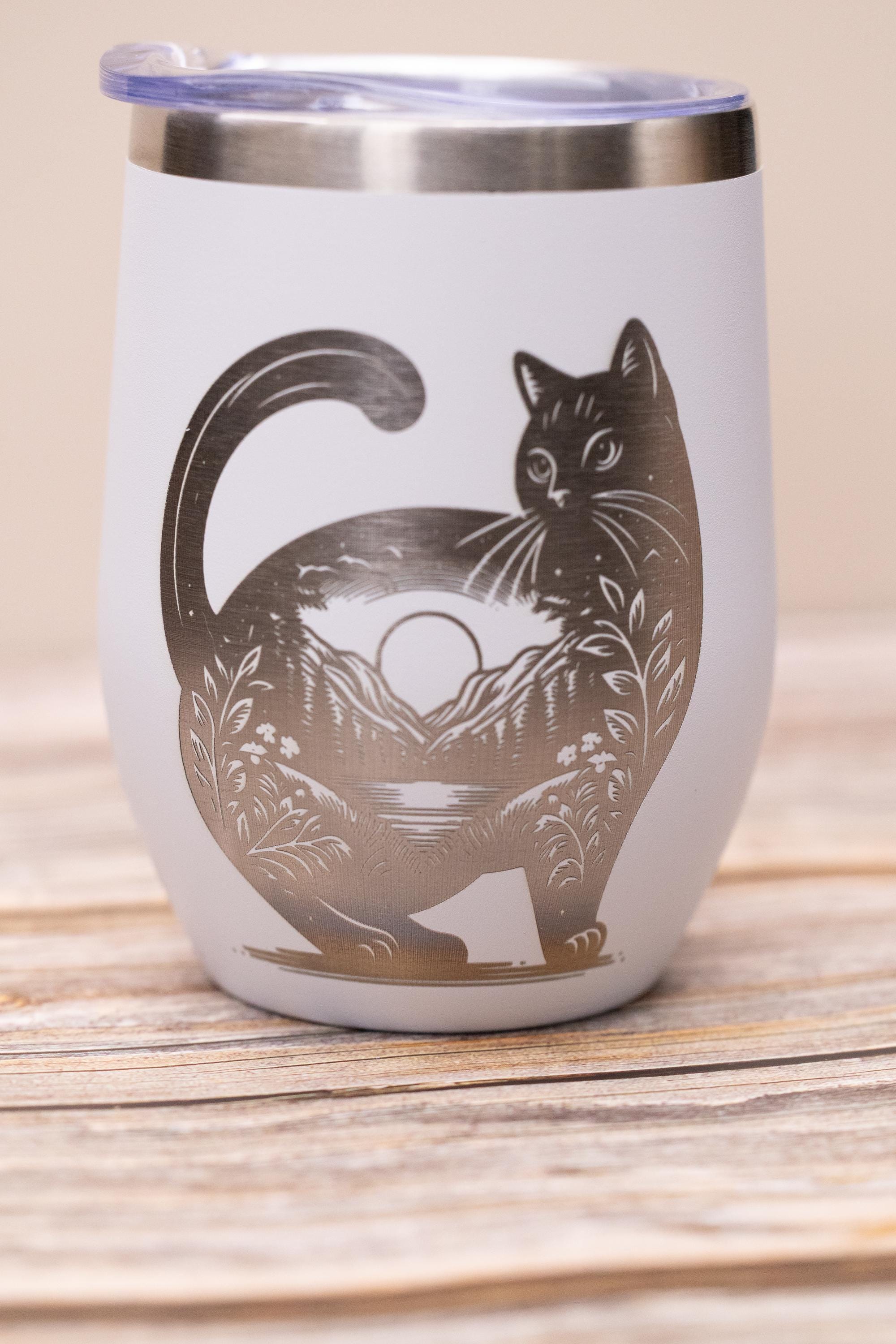 Cat wine tumbler: laser engraved stainless steel cup with lid