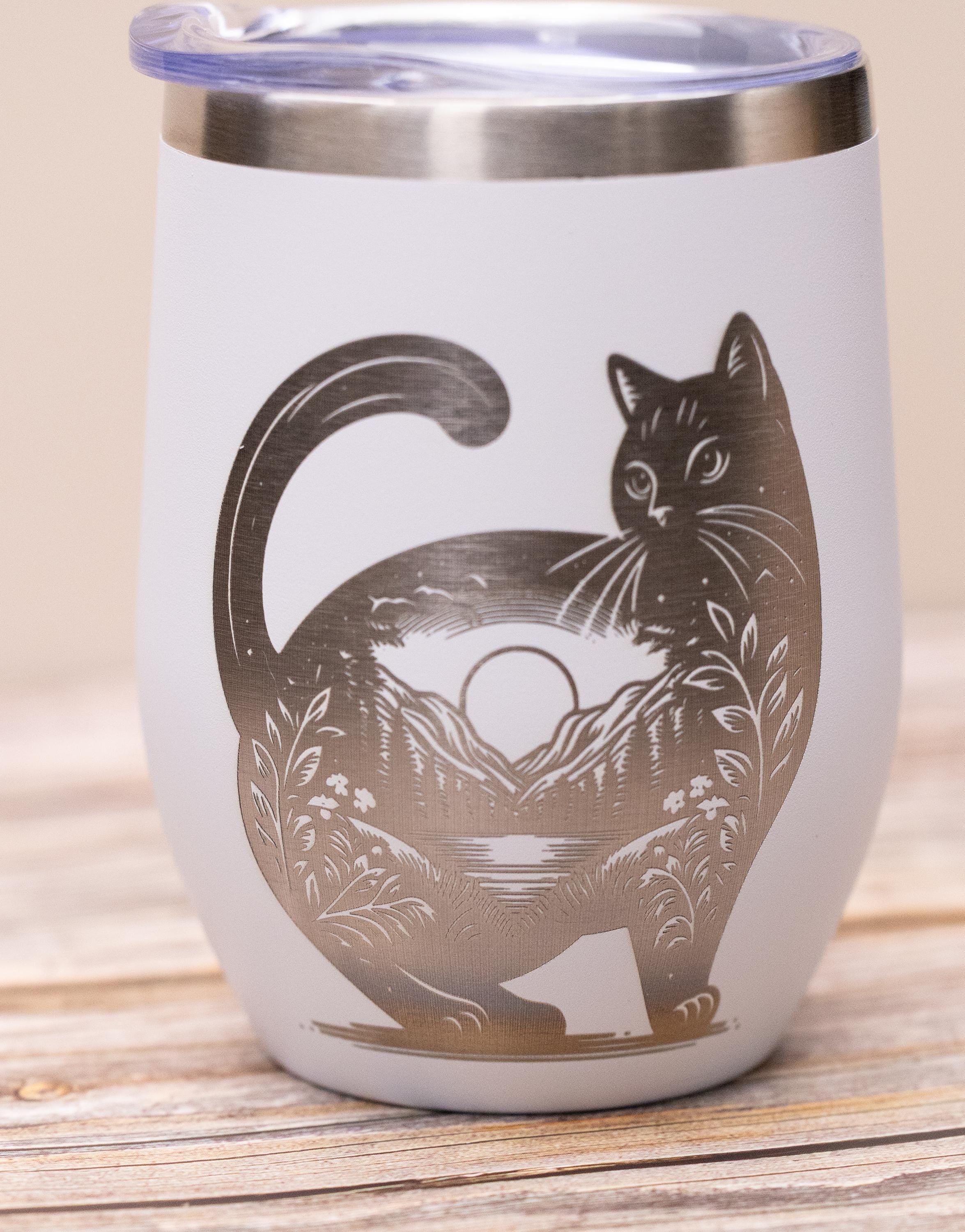 Cat wine tumbler: laser engraved stainless steel cup with lid