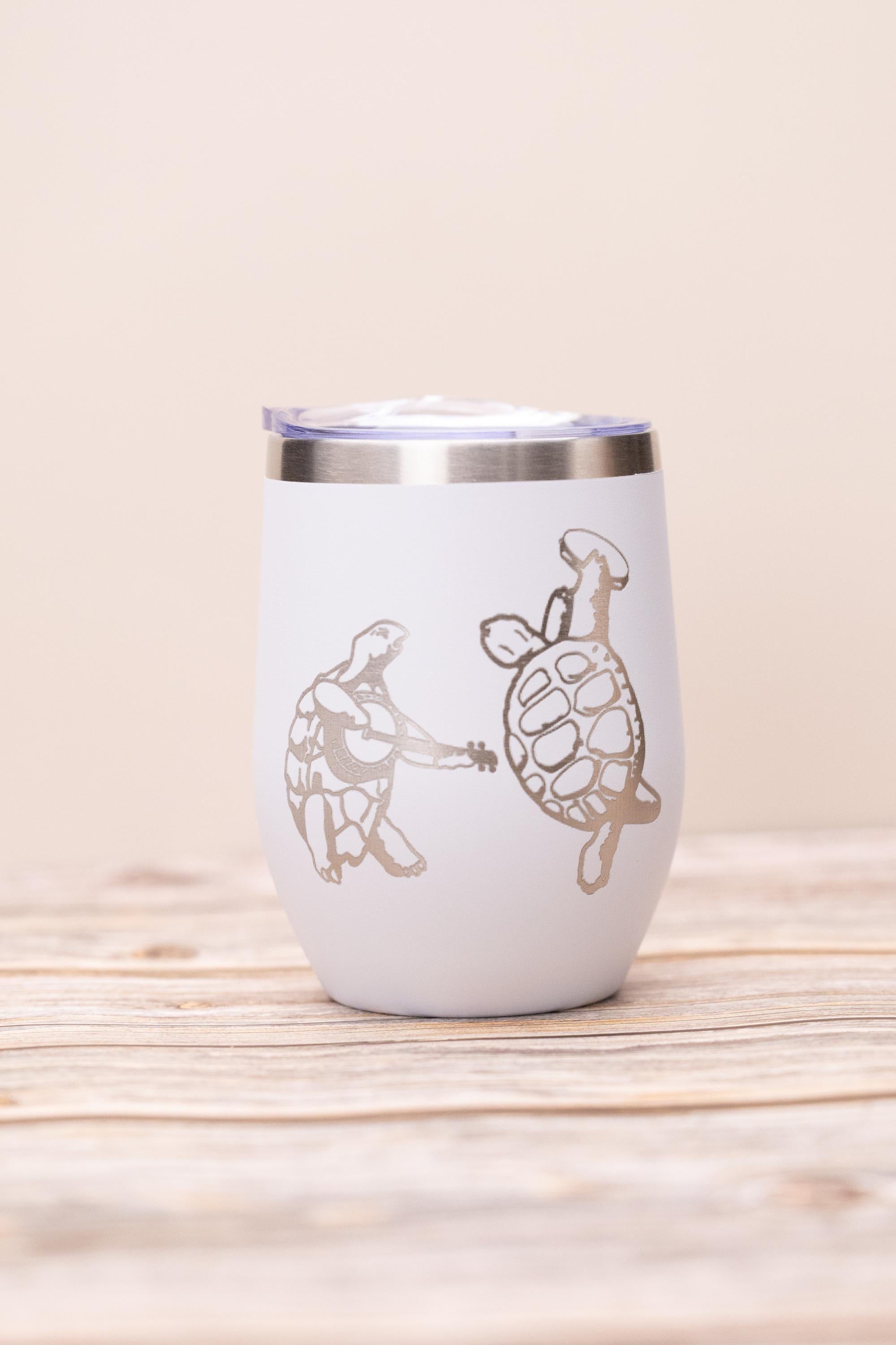 Grateful dead turtles wine tumbler 12 oz | laser engraved stainless steel cup with lid | fun gift for deadheads & music fans