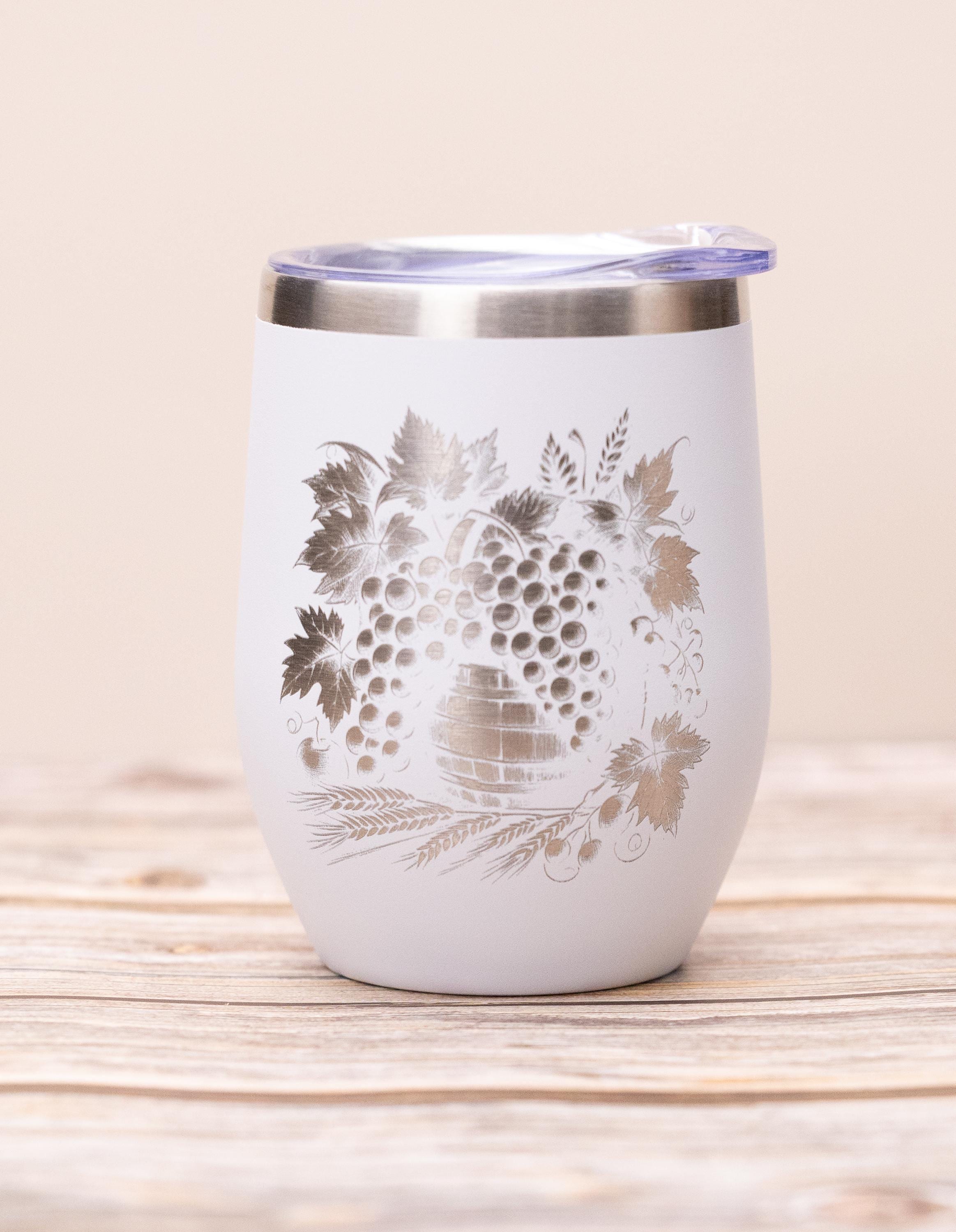 Laser engraved grape wine tumbler: stainless steel 12oz with lid