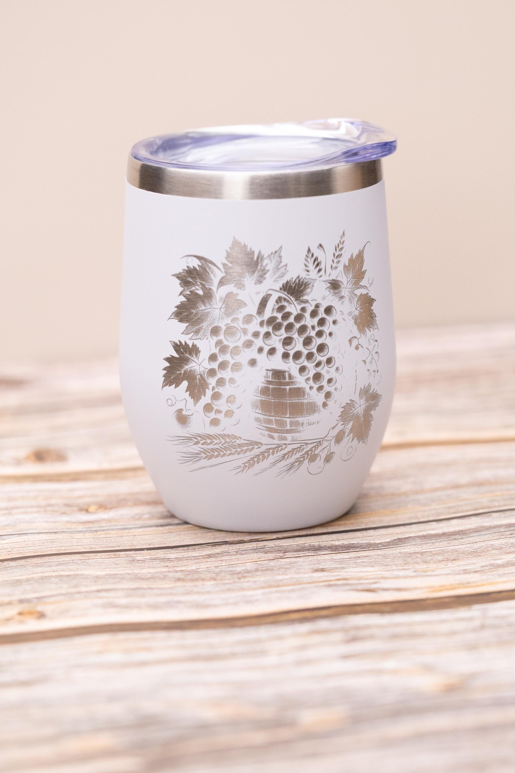 Laser engraved grape wine tumbler: stainless steel 12oz with lid