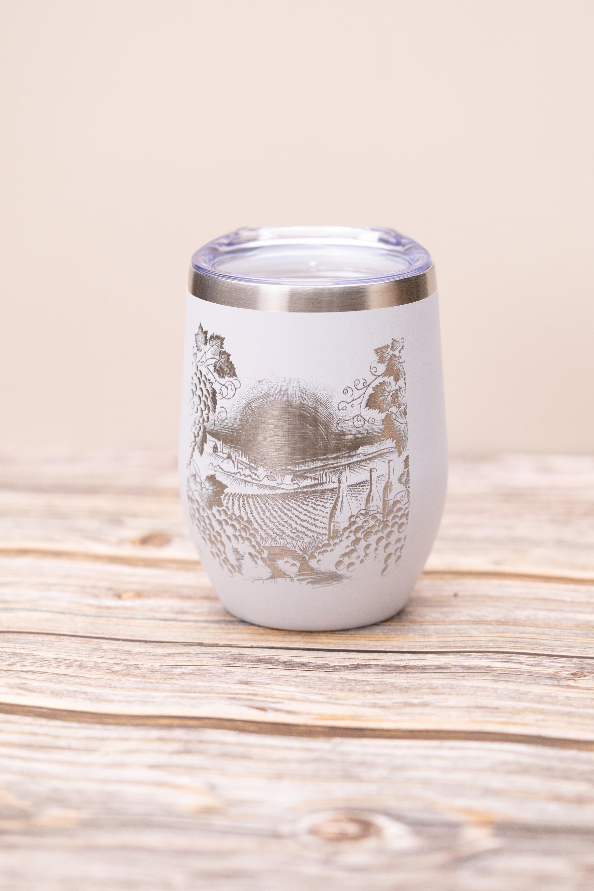 Laser engraved vineyard wine tumbler: stainless steel, 12 oz with lid