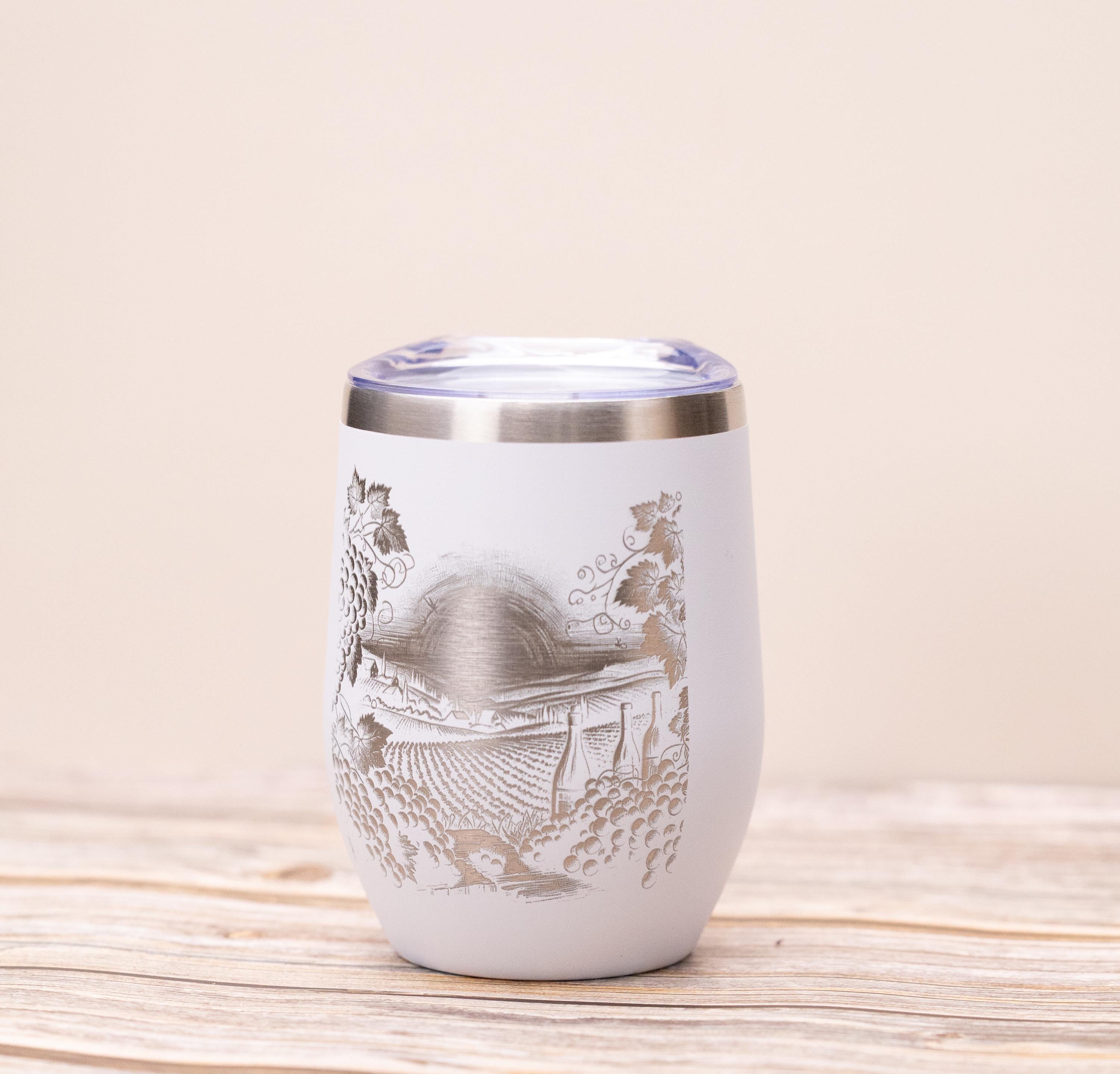 Laser engraved vineyard wine tumbler: stainless steel, 12 oz with lid