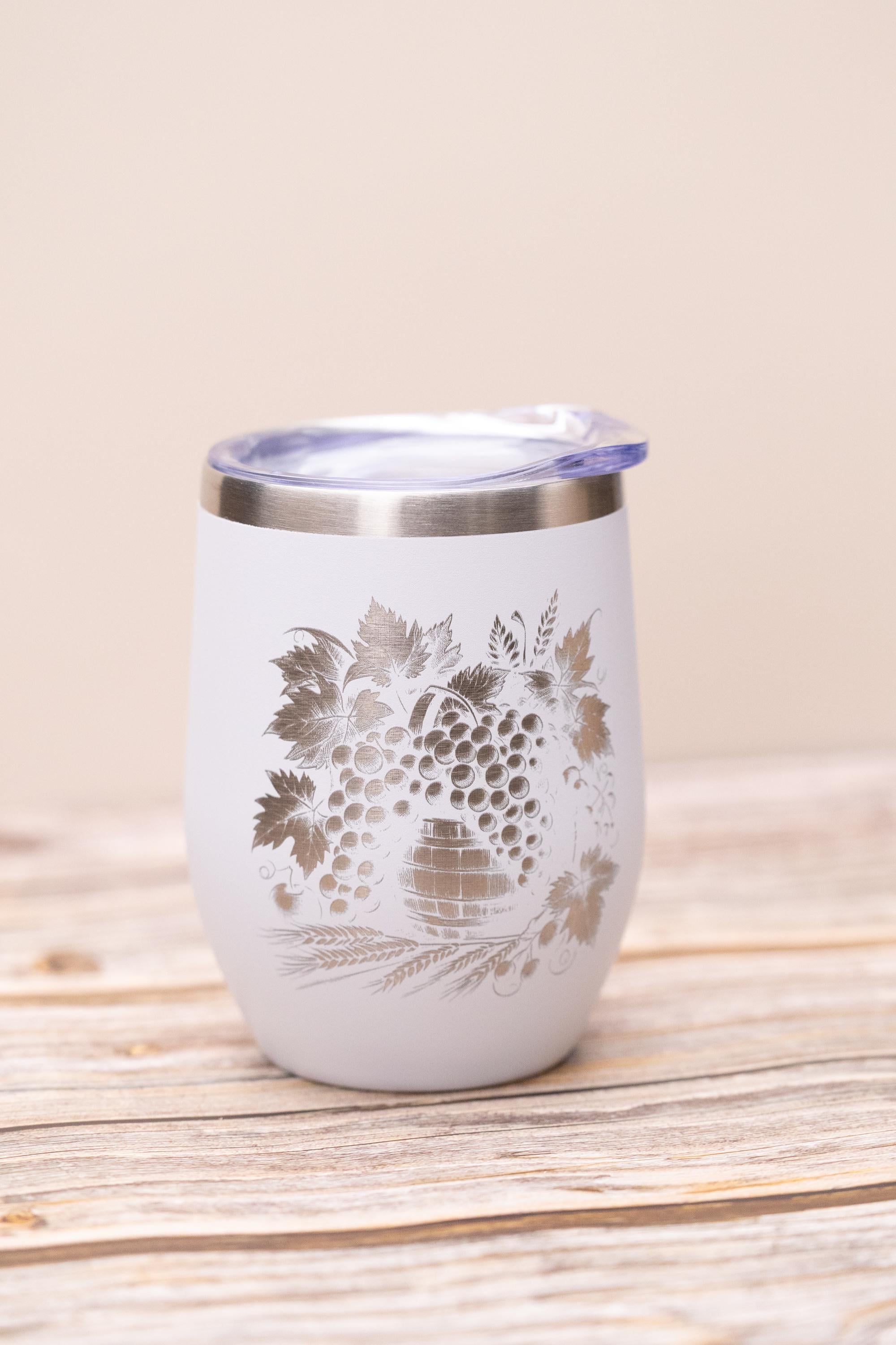 Laser engraved grape wine tumbler: stainless steel 12oz with lid