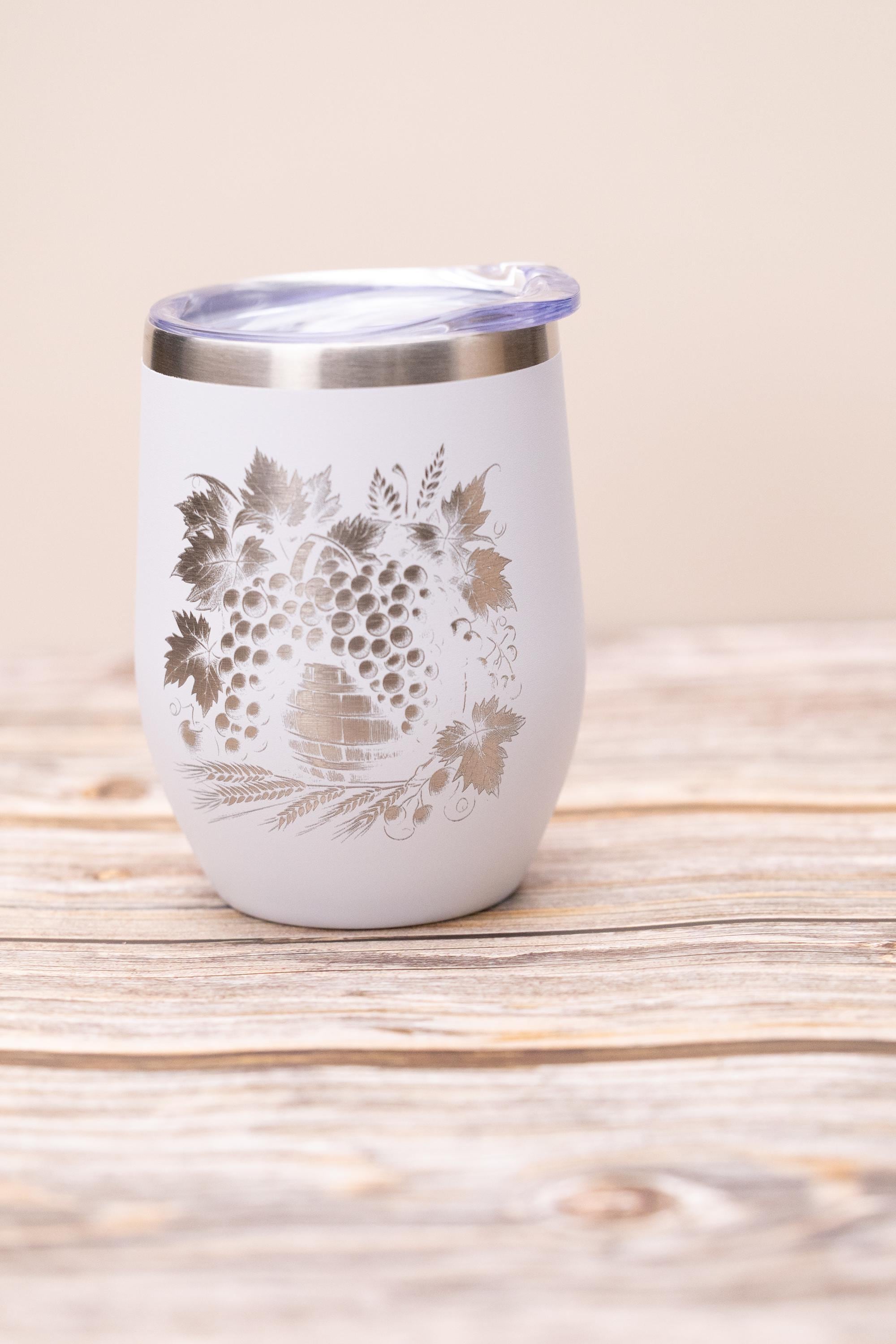 Laser engraved grape wine tumbler: stainless steel 12oz with lid