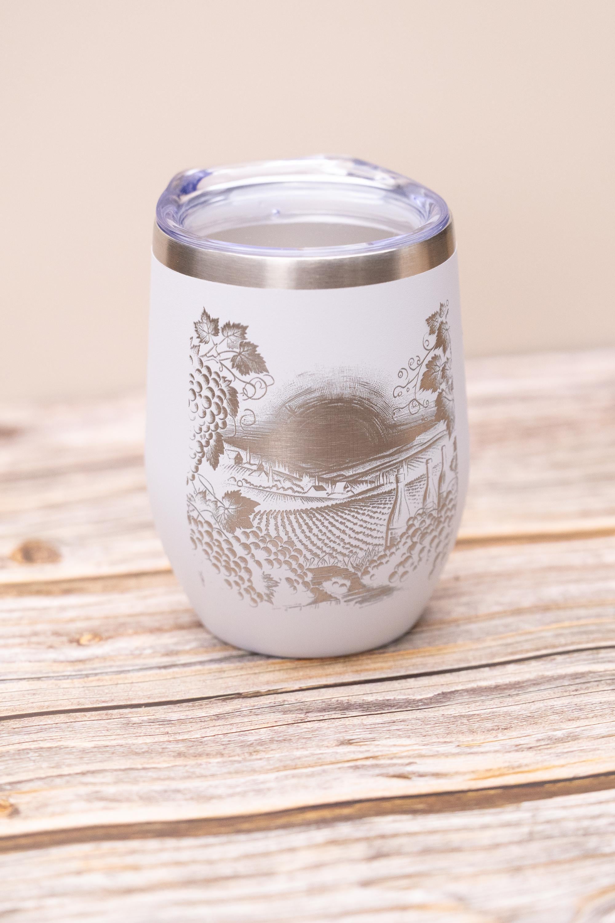 Laser engraved vineyard wine tumbler: stainless steel, 12 oz with lid