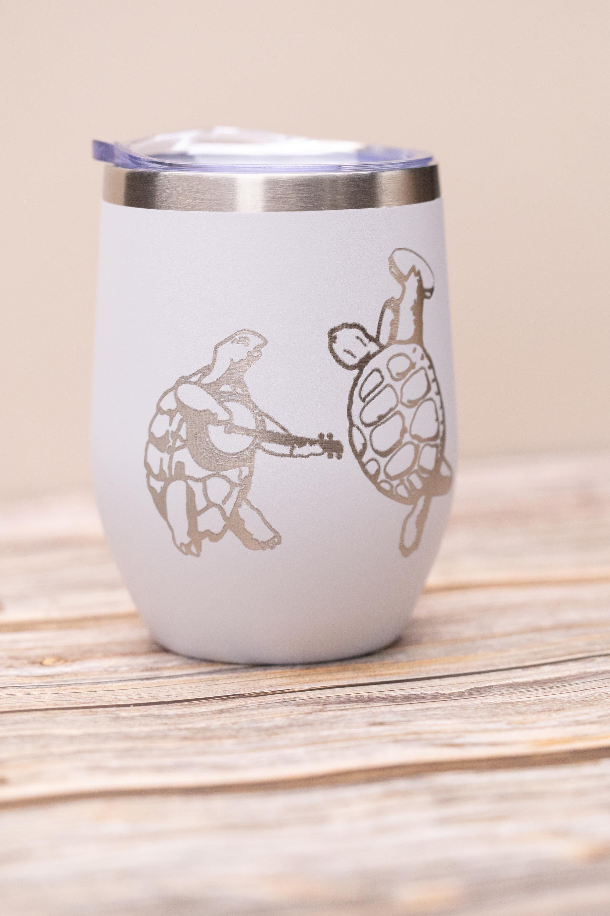 Grateful dead turtles wine tumbler 12 oz | laser engraved stainless steel cup with lid | fun gift for deadheads & music fans