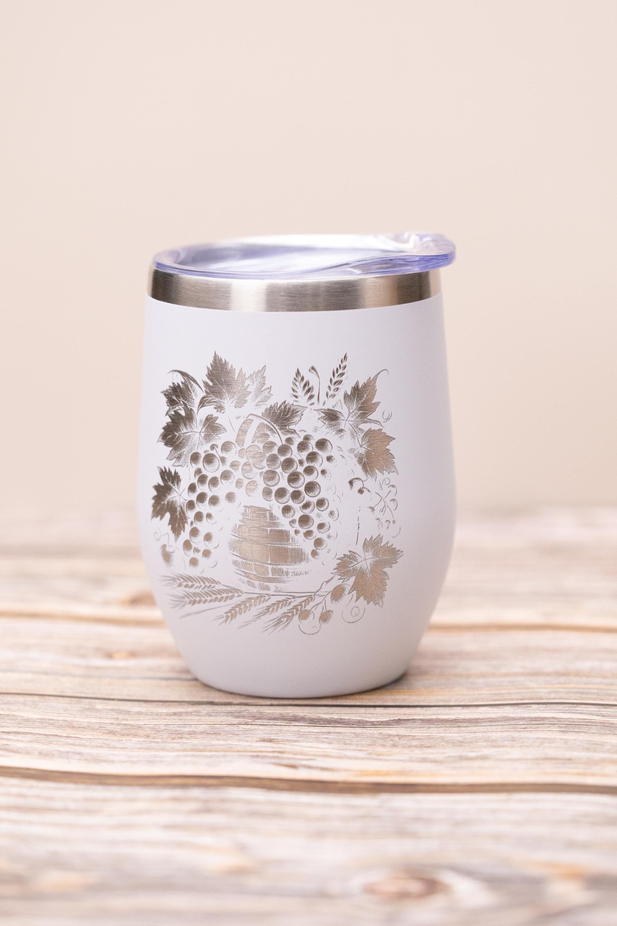 Laser engraved grape wine tumbler: stainless steel 12oz with lid