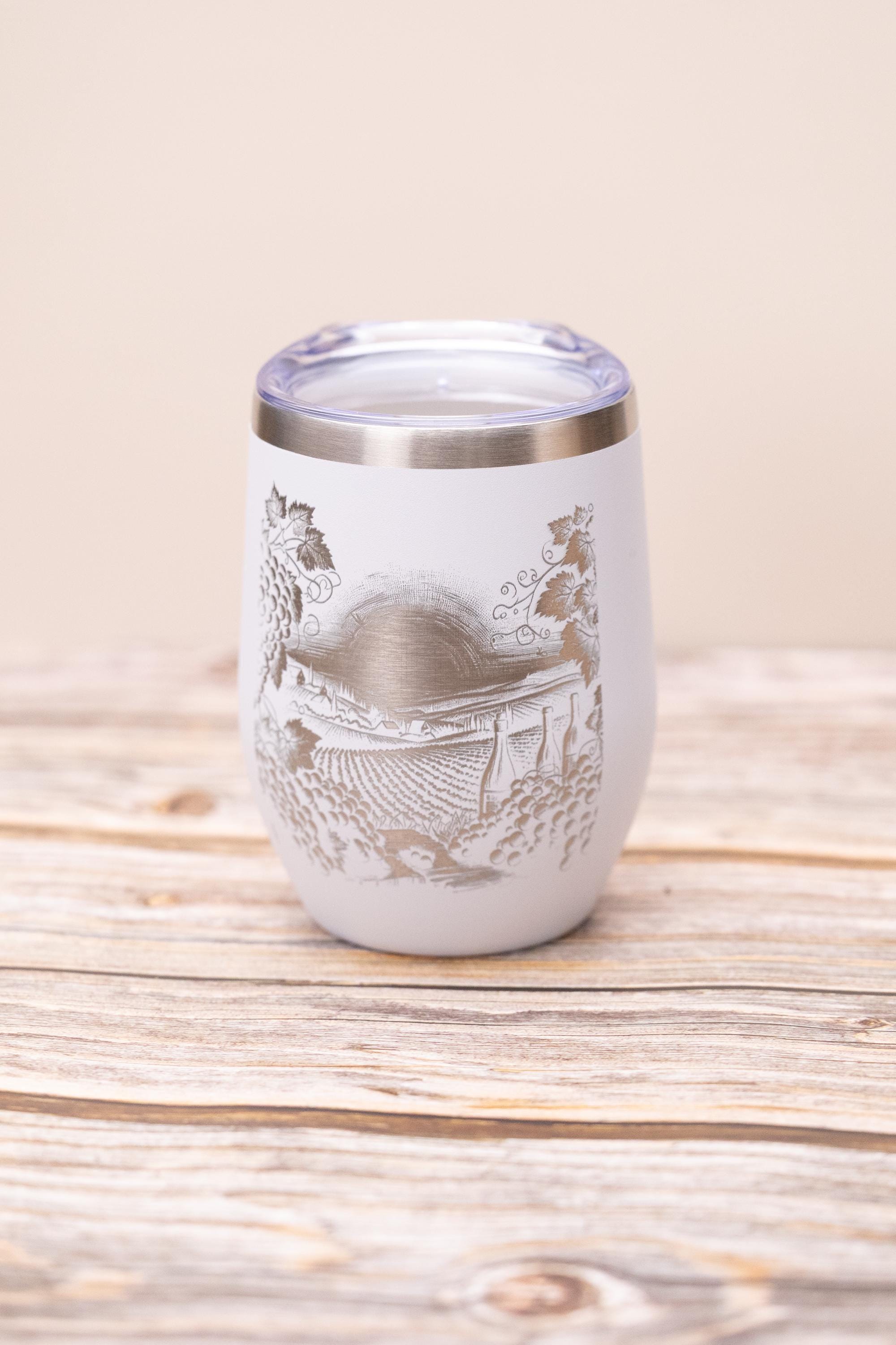 Laser engraved vineyard wine tumbler: stainless steel, 12 oz with lid