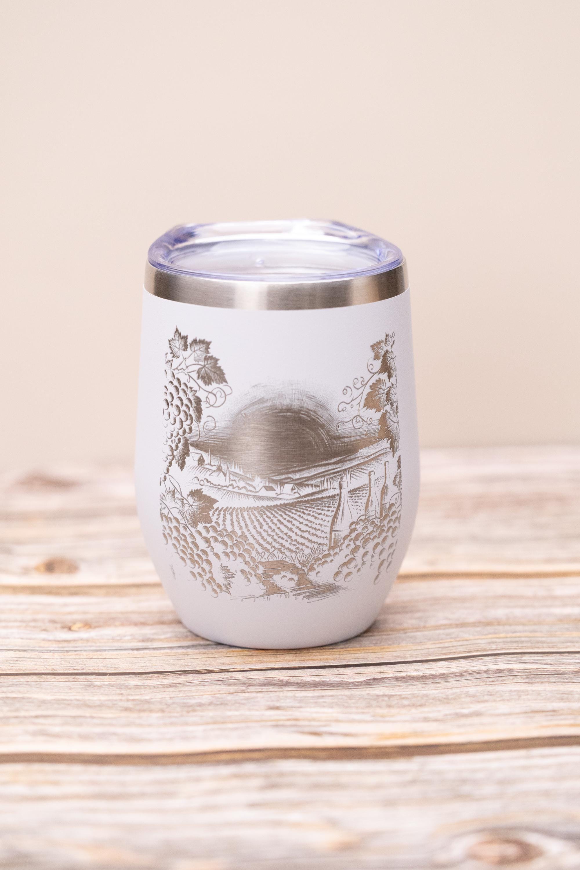 Laser engraved vineyard wine tumbler: stainless steel, 12 oz with lid