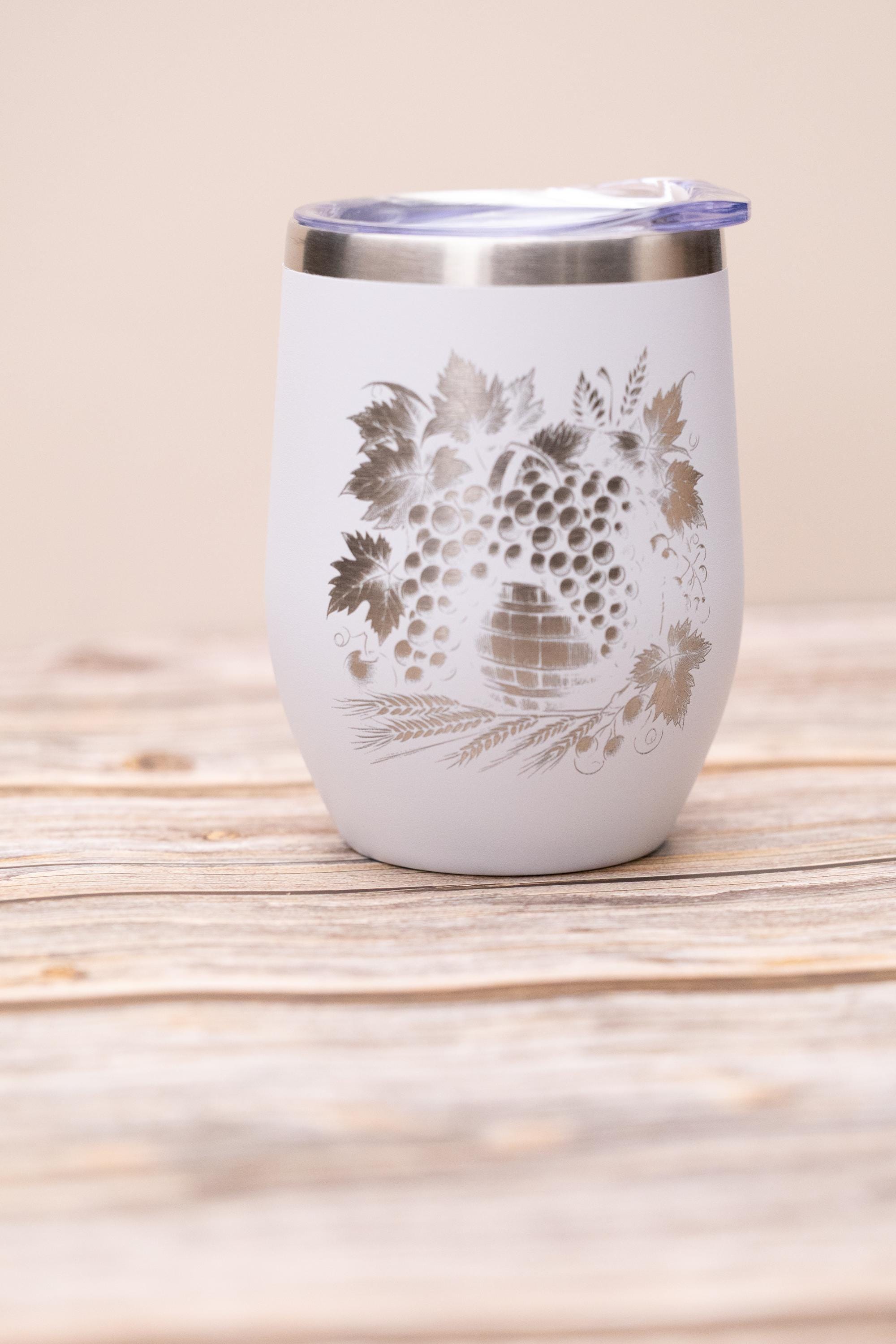 Laser engraved grape wine tumbler: stainless steel 12oz with lid