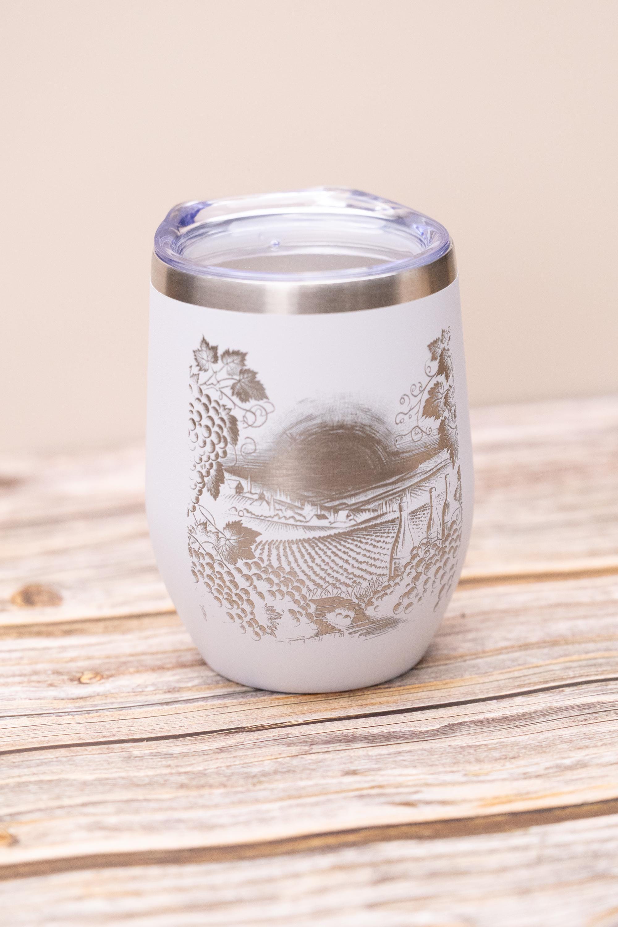 Laser engraved vineyard wine tumbler: stainless steel, 12 oz with lid