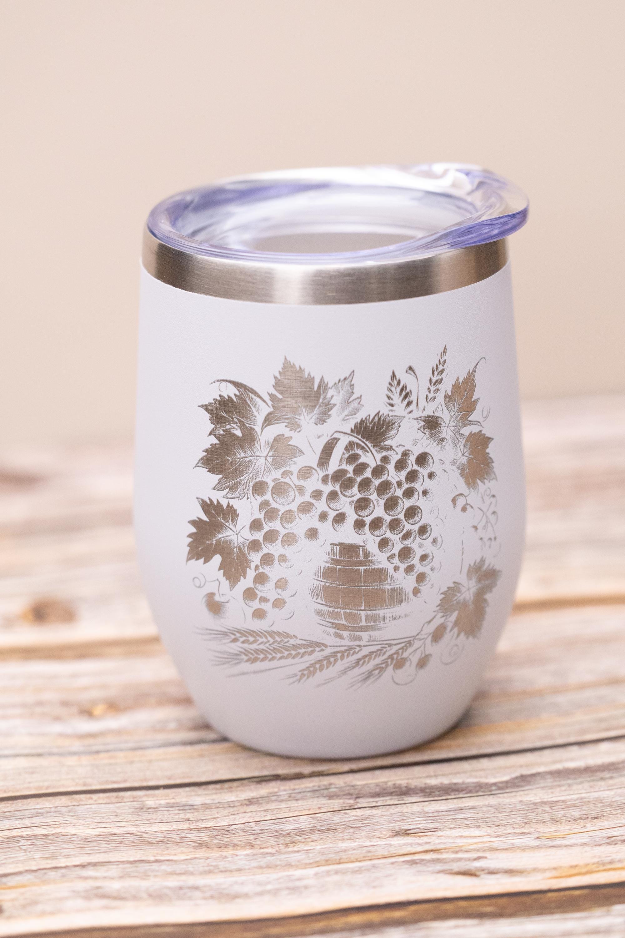 Laser engraved grape wine tumbler: stainless steel 12oz with lid