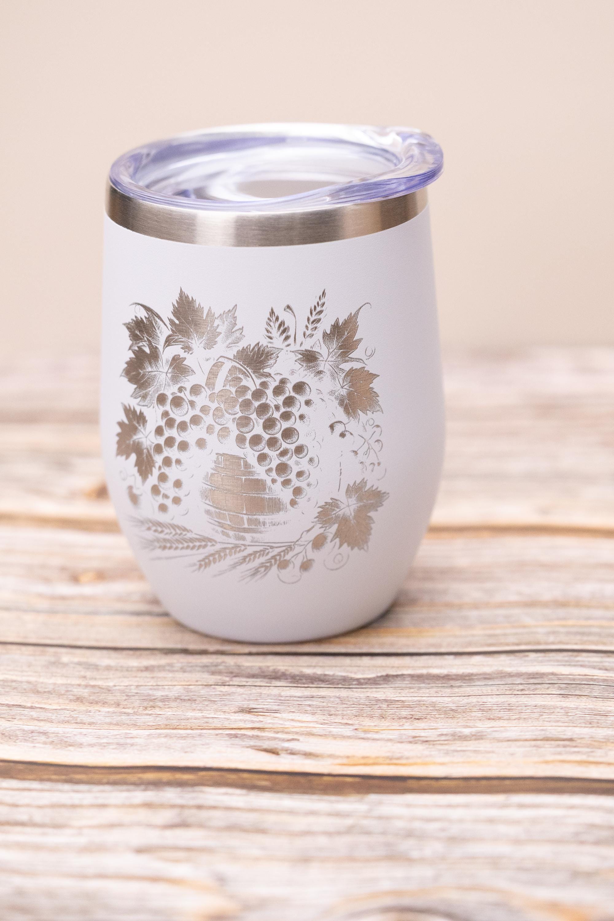 Laser engraved grape wine tumbler: stainless steel 12oz with lid
