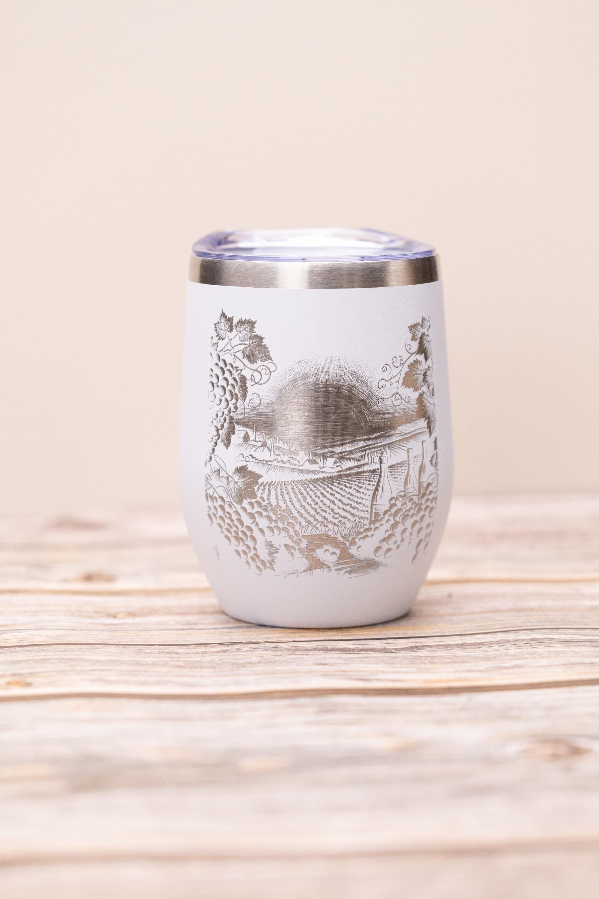 Laser engraved vineyard wine tumbler: stainless steel, 12 oz with lid