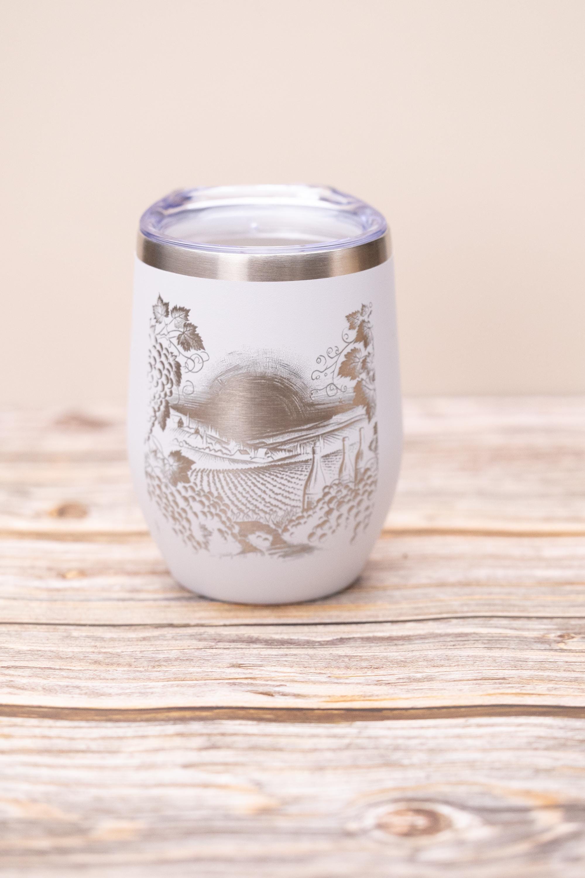 Laser engraved vineyard wine tumbler: stainless steel, 12 oz with lid