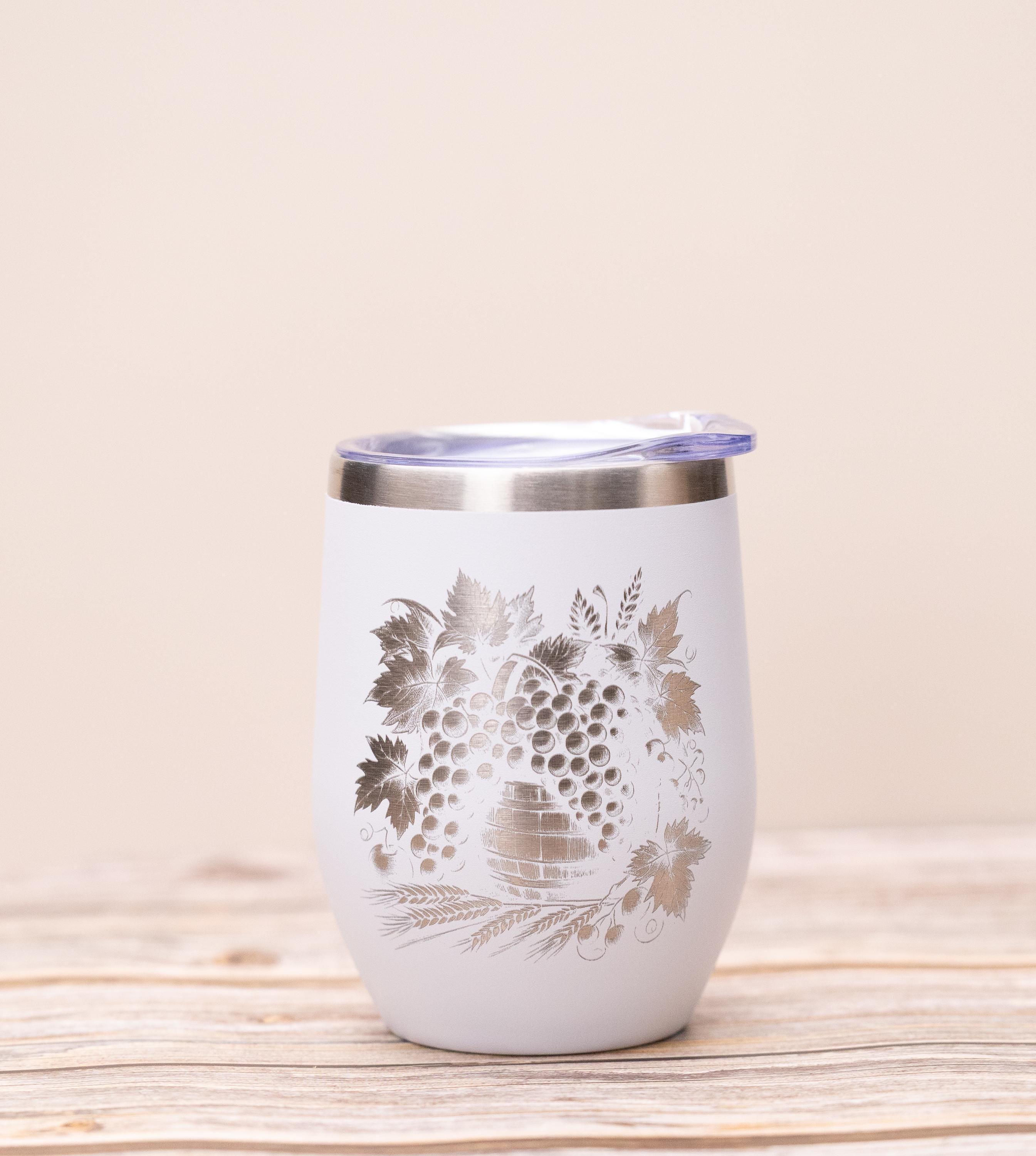 Laser engraved grape wine tumbler: stainless steel 12oz with lid