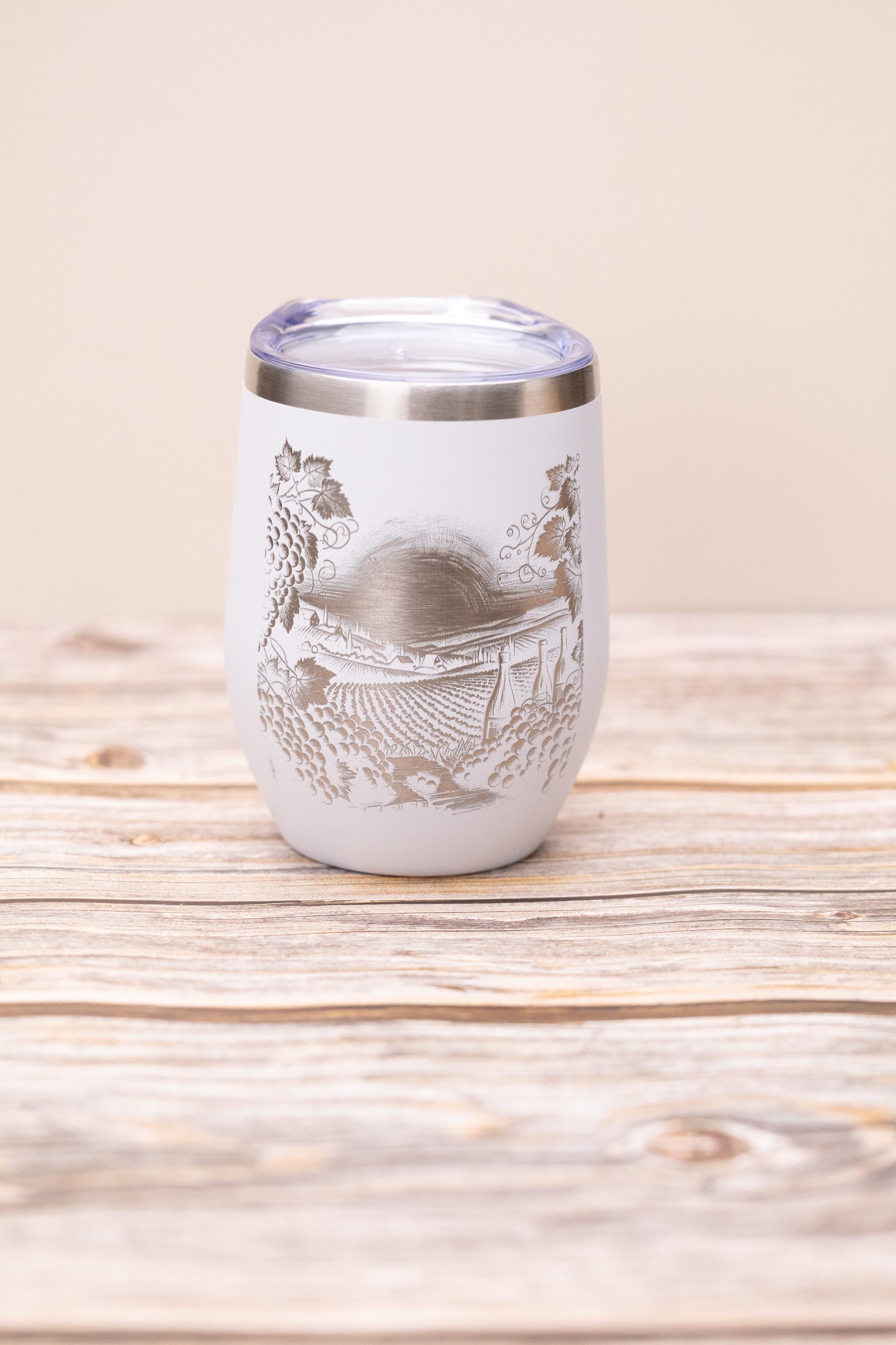 Laser engraved vineyard wine tumbler: stainless steel, 12 oz with lid