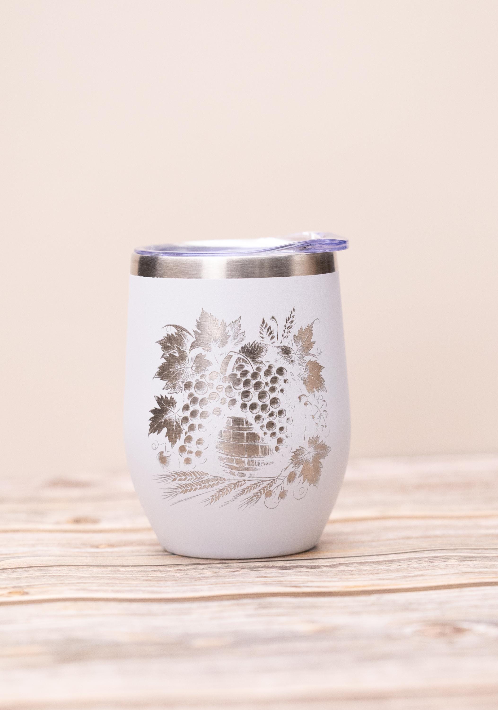Laser engraved grape wine tumbler: stainless steel 12oz with lid