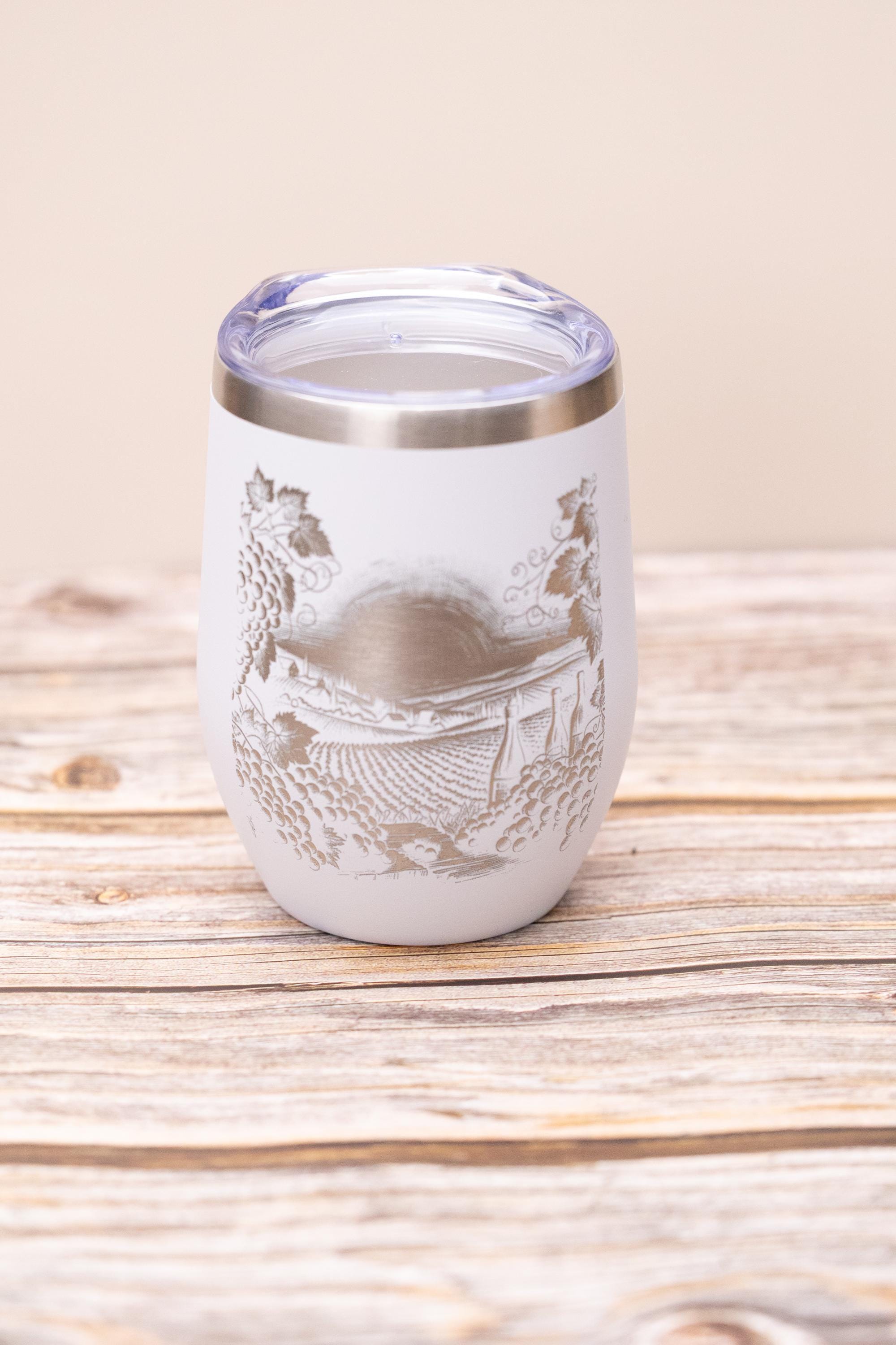 Laser engraved vineyard wine tumbler: stainless steel, 12 oz with lid
