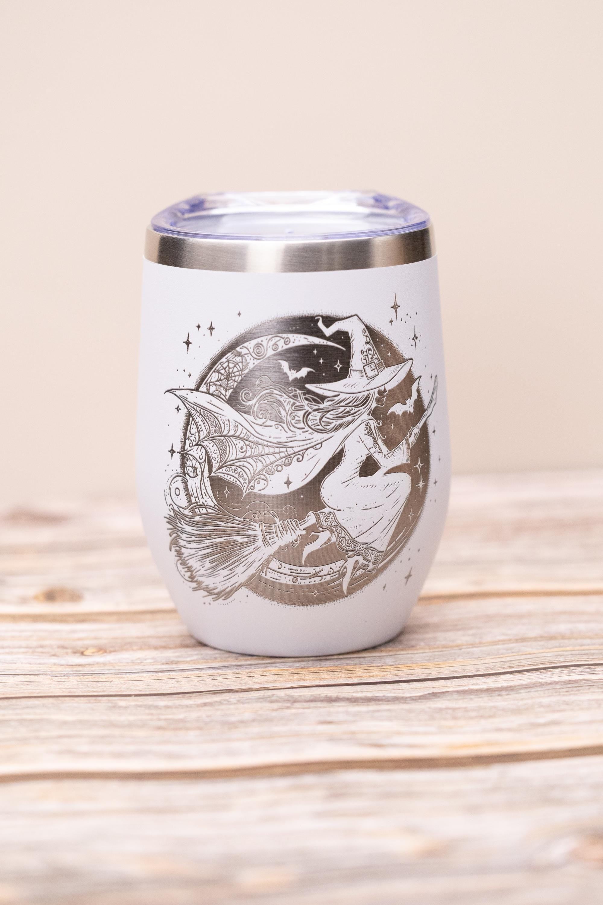 Witch wine tumbler 12 oz | laser engraved stainless steel cup with lid | spooky halloween gift for wine lovers