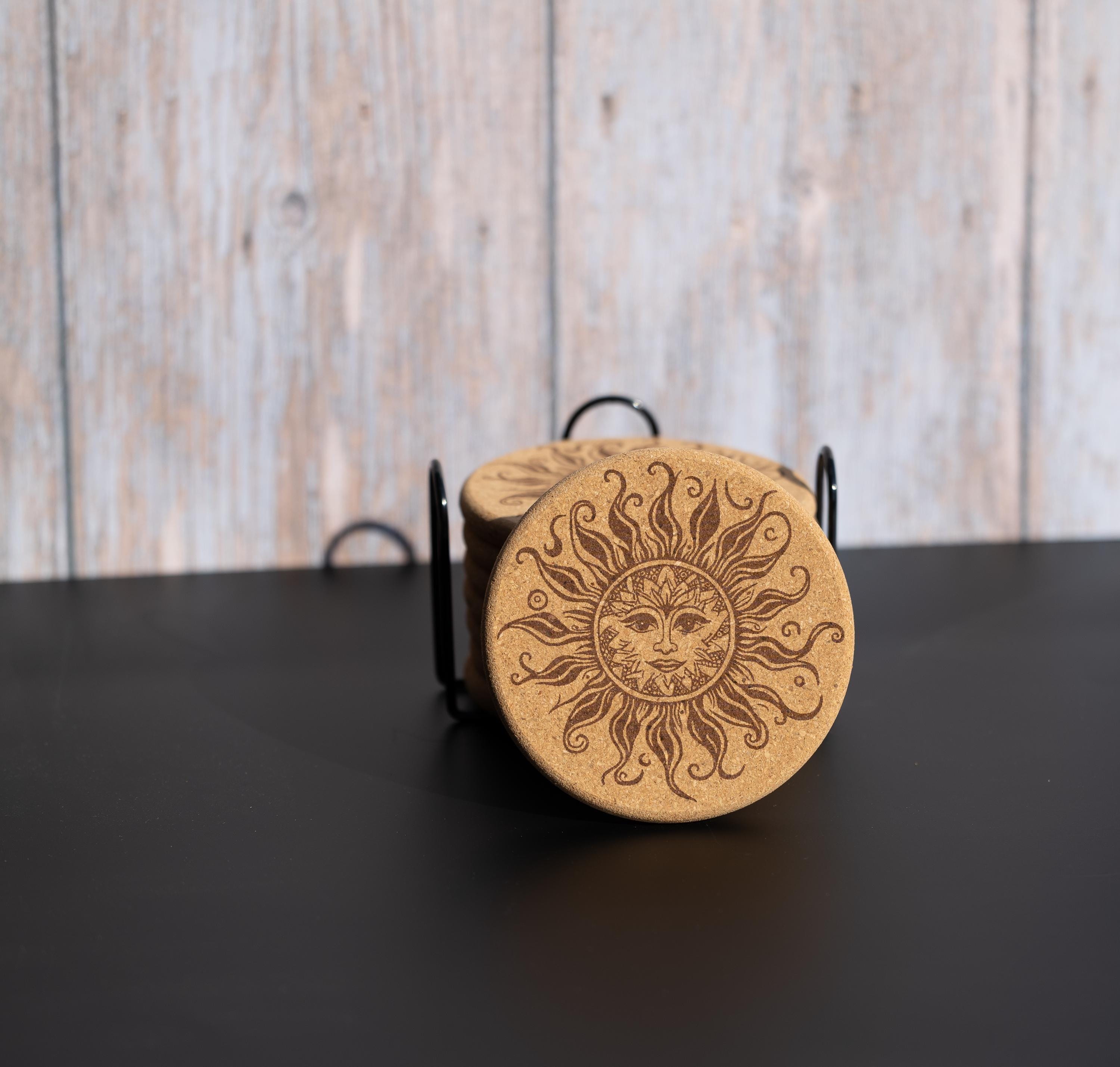 Laser engraved sun cork coaster set: boho rustic drink coasters