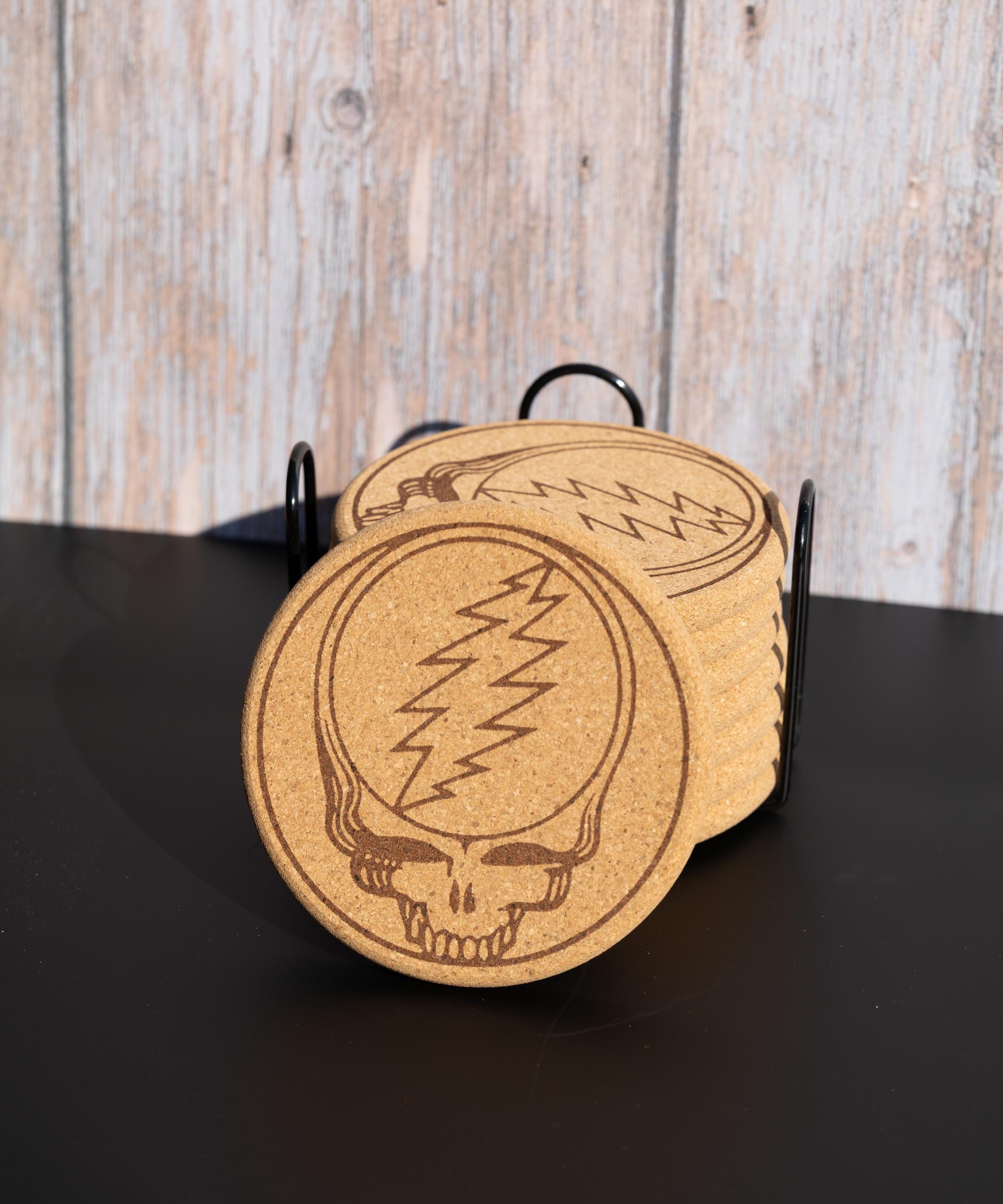 Grateful dead “steal your face” cork coaster set of 8 with holder | laser engraved music lover drink coasters