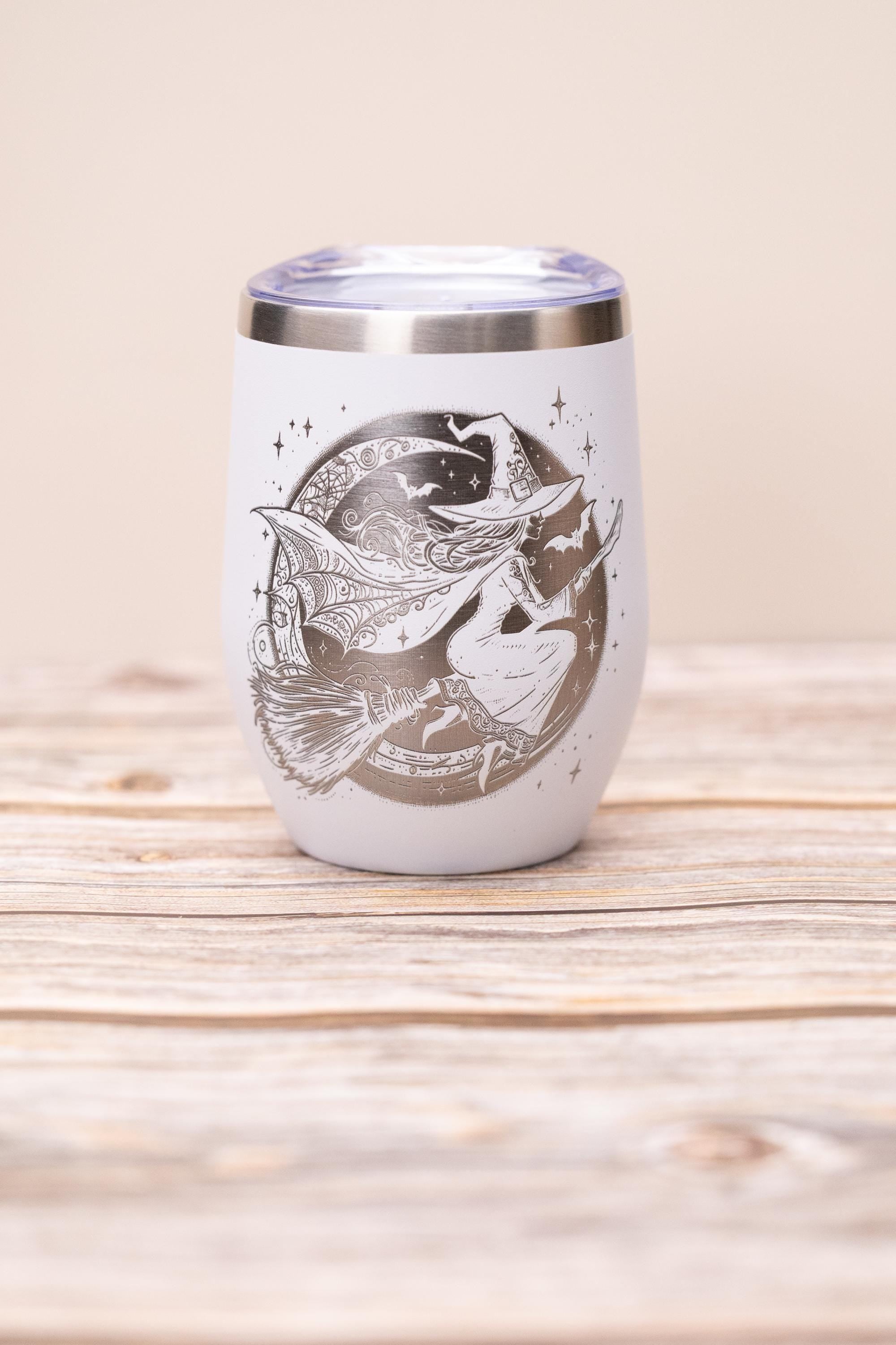 Witch wine tumbler 12 oz | laser engraved stainless steel cup with lid | spooky halloween gift for wine lovers
