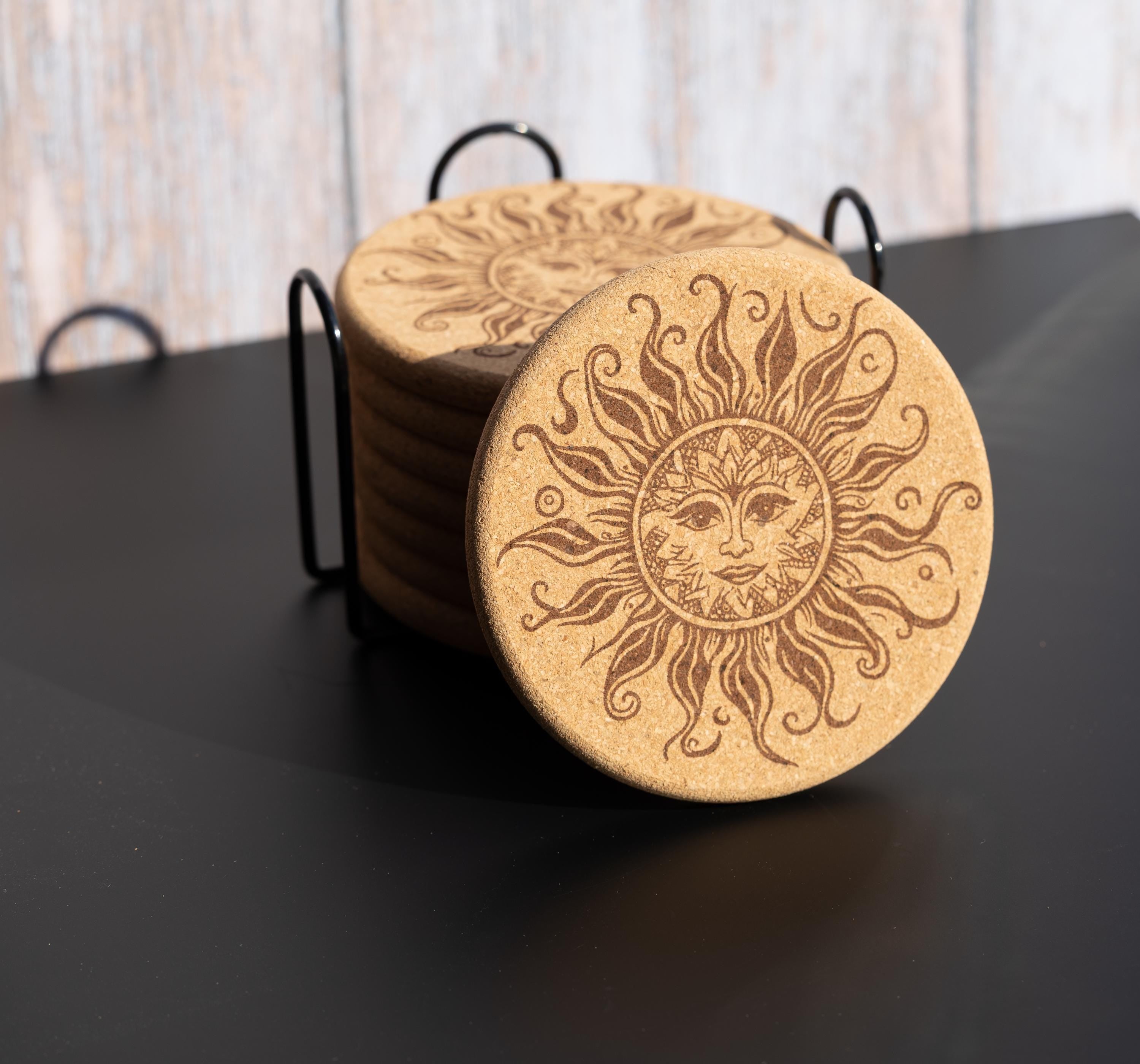 Laser engraved sun cork coaster set: boho rustic drink coasters