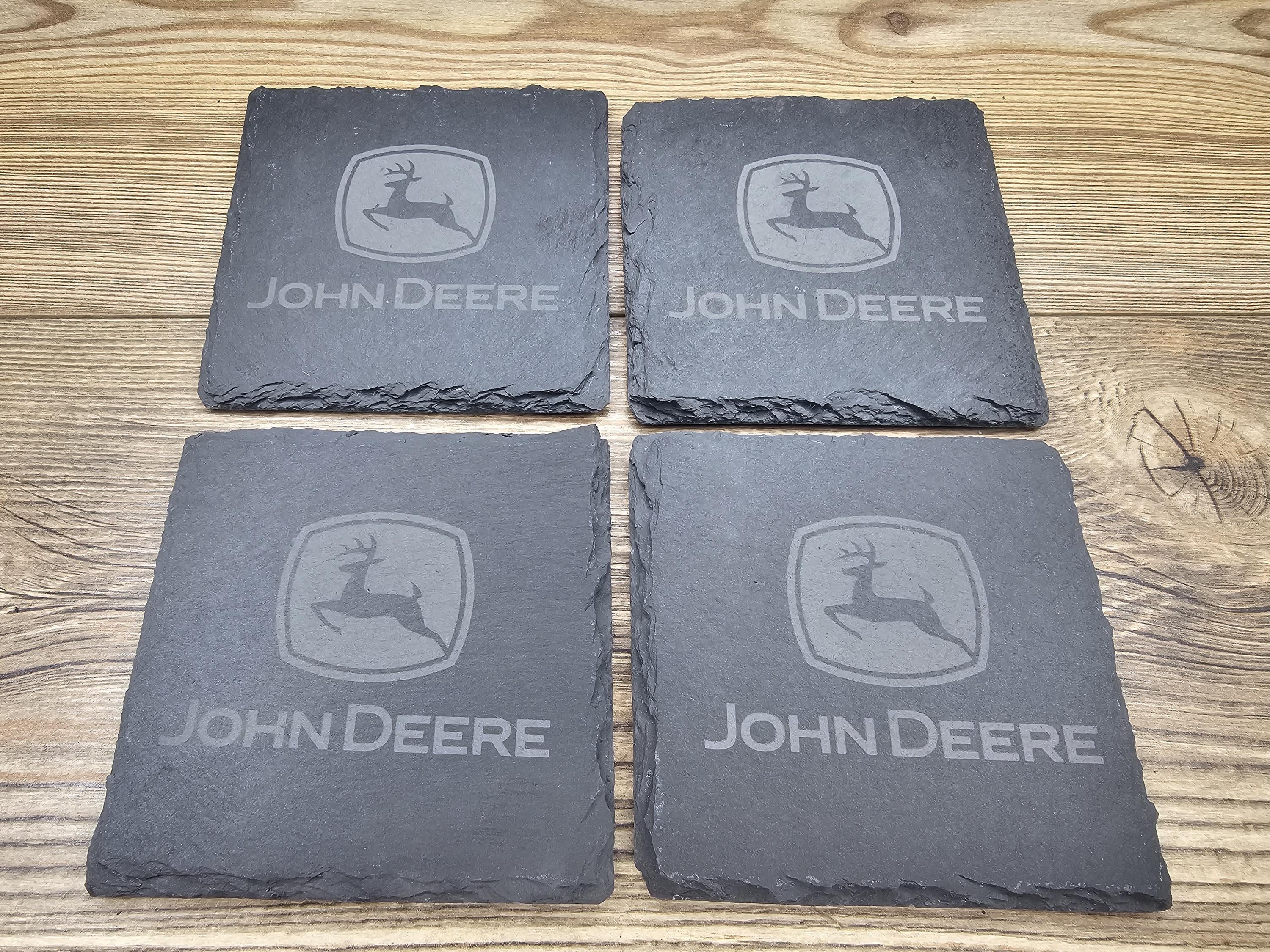 Laser engraved john deere slate coasters: home bar gift, set of 4