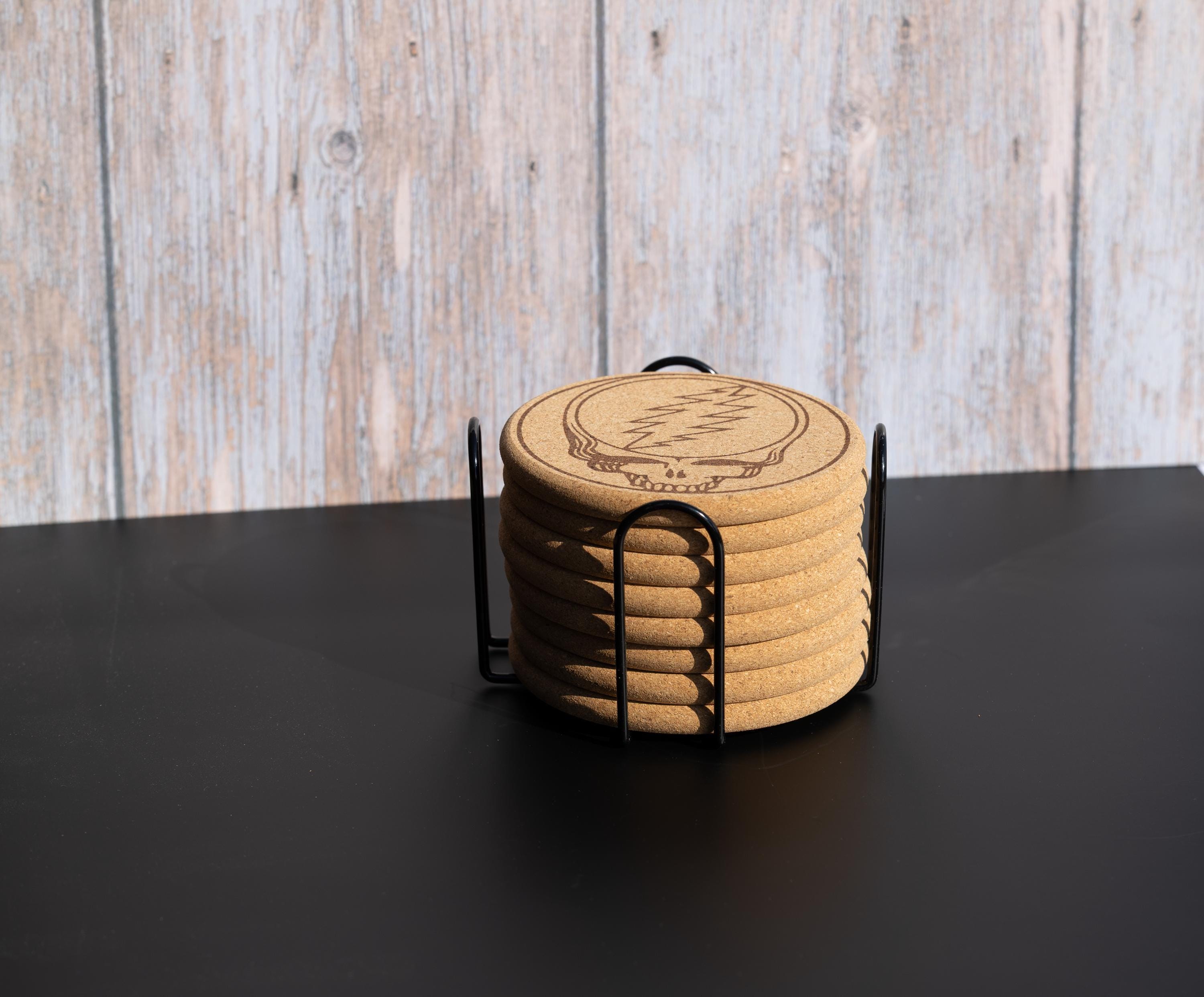 Grateful dead “steal your face” cork coaster set of 8 with holder | laser engraved music lover drink coasters