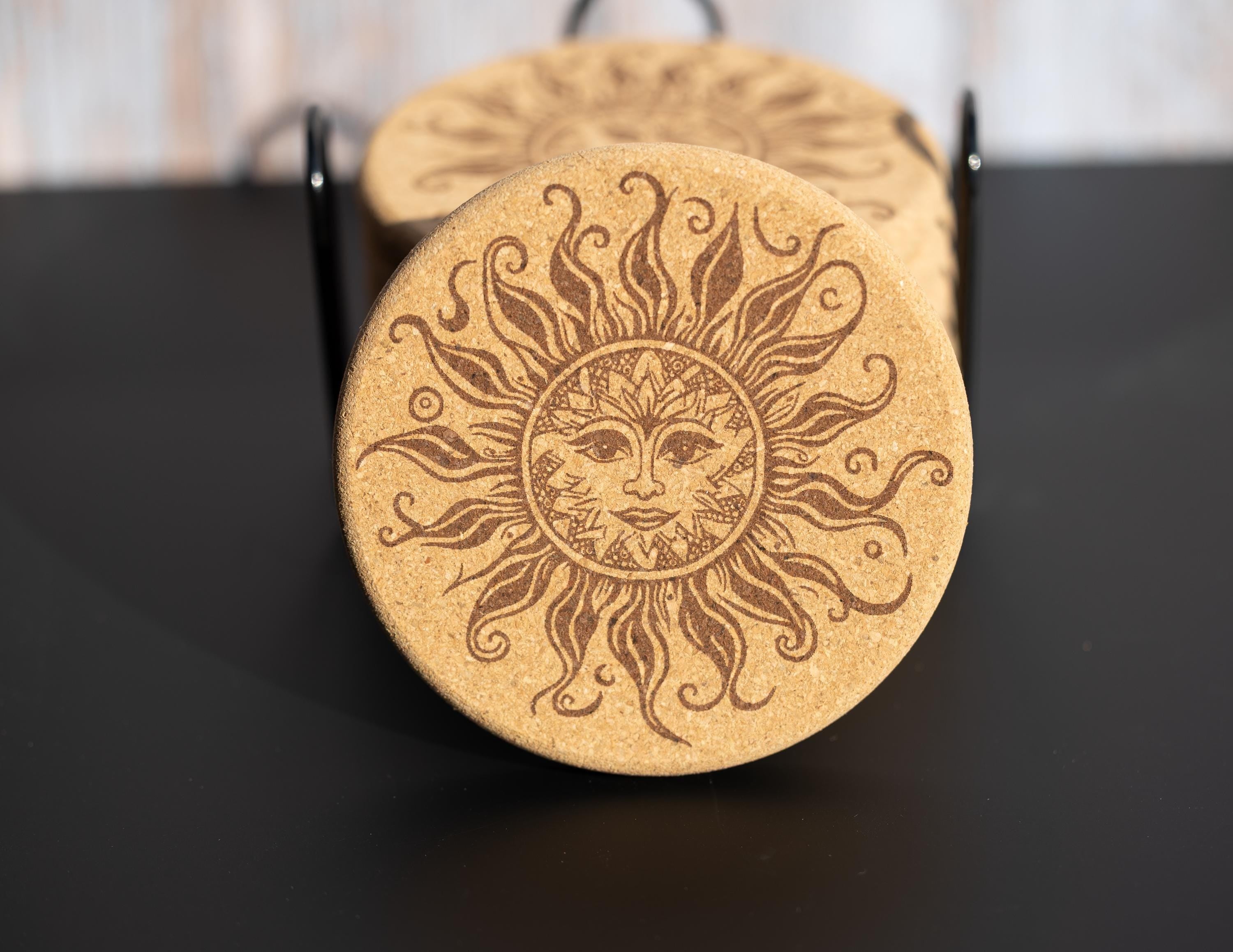 Laser engraved sun cork coaster set: boho rustic drink coasters