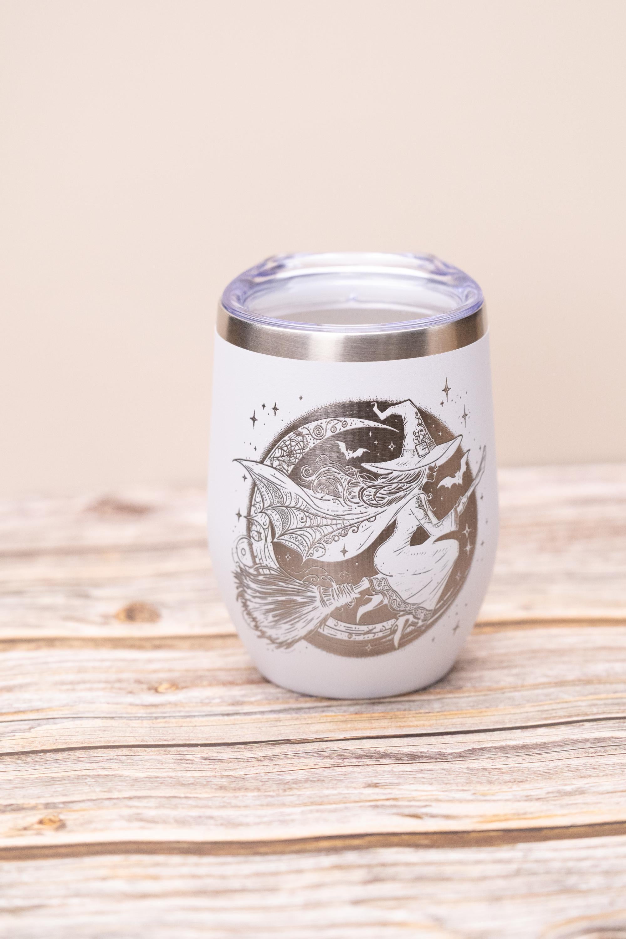 Witch wine tumbler 12 oz | laser engraved stainless steel cup with lid | spooky halloween gift for wine lovers