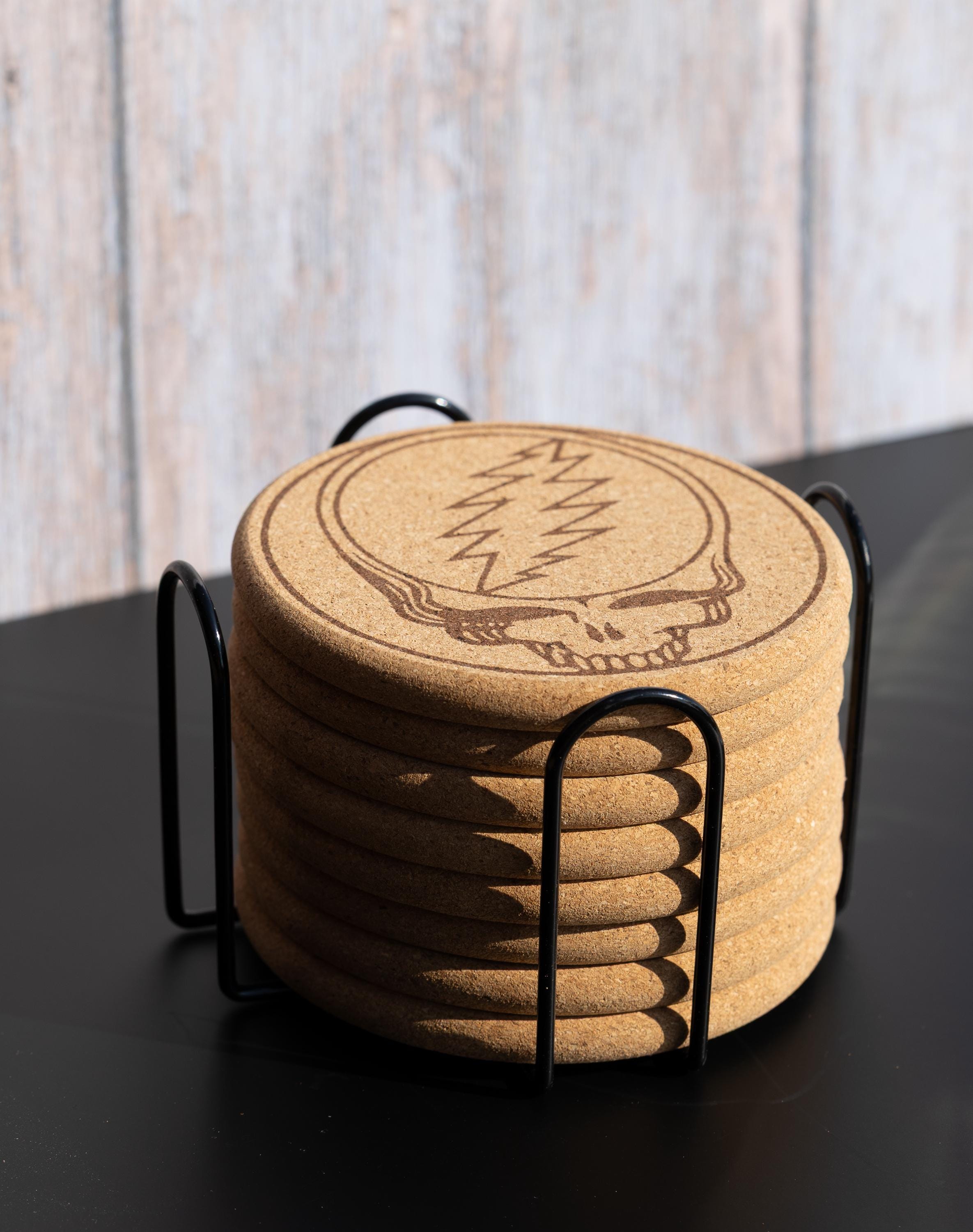 Grateful dead “steal your face” cork coaster set of 8 with holder | laser engraved music lover drink coasters
