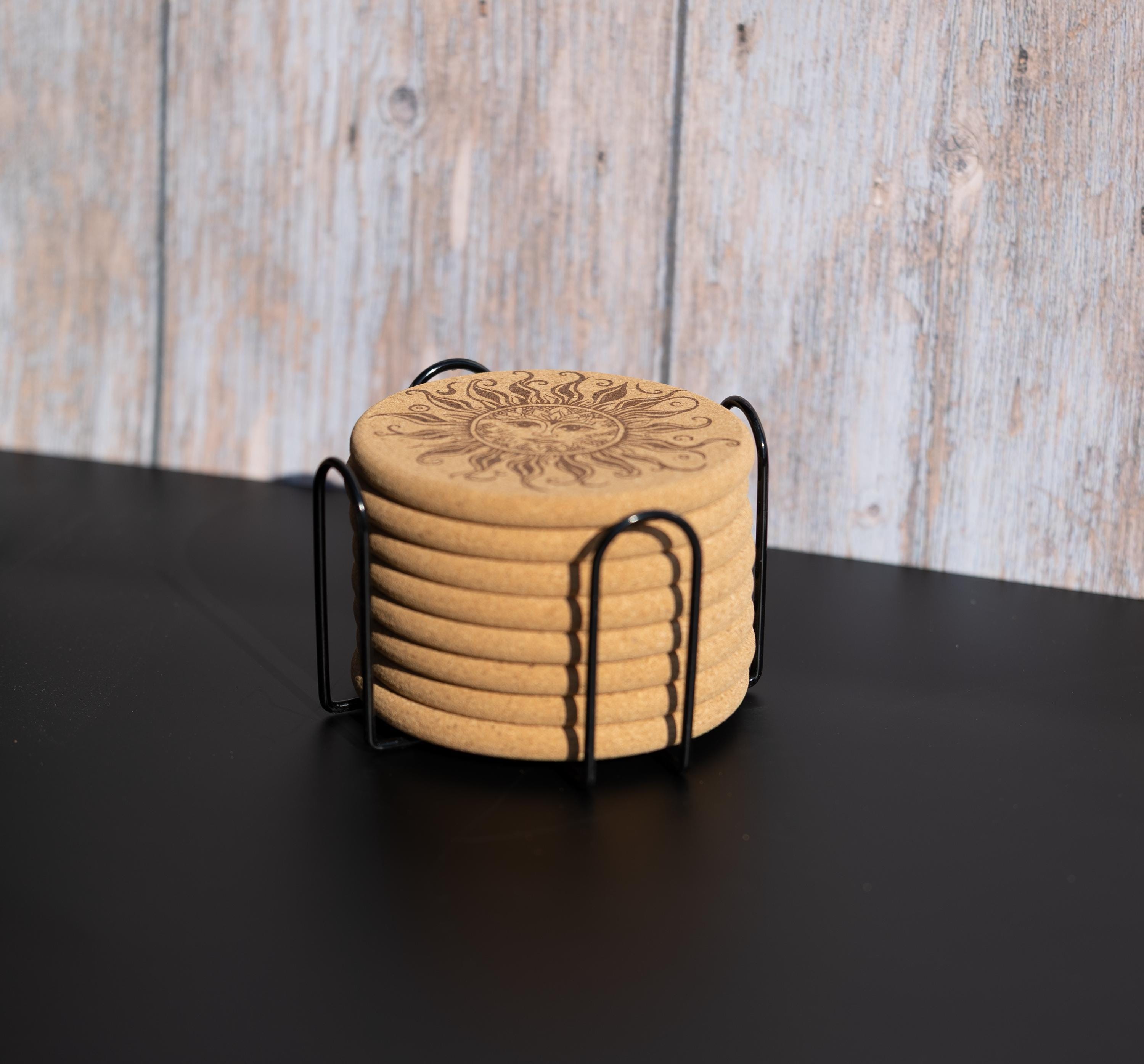 Laser engraved sun cork coaster set: boho rustic drink coasters